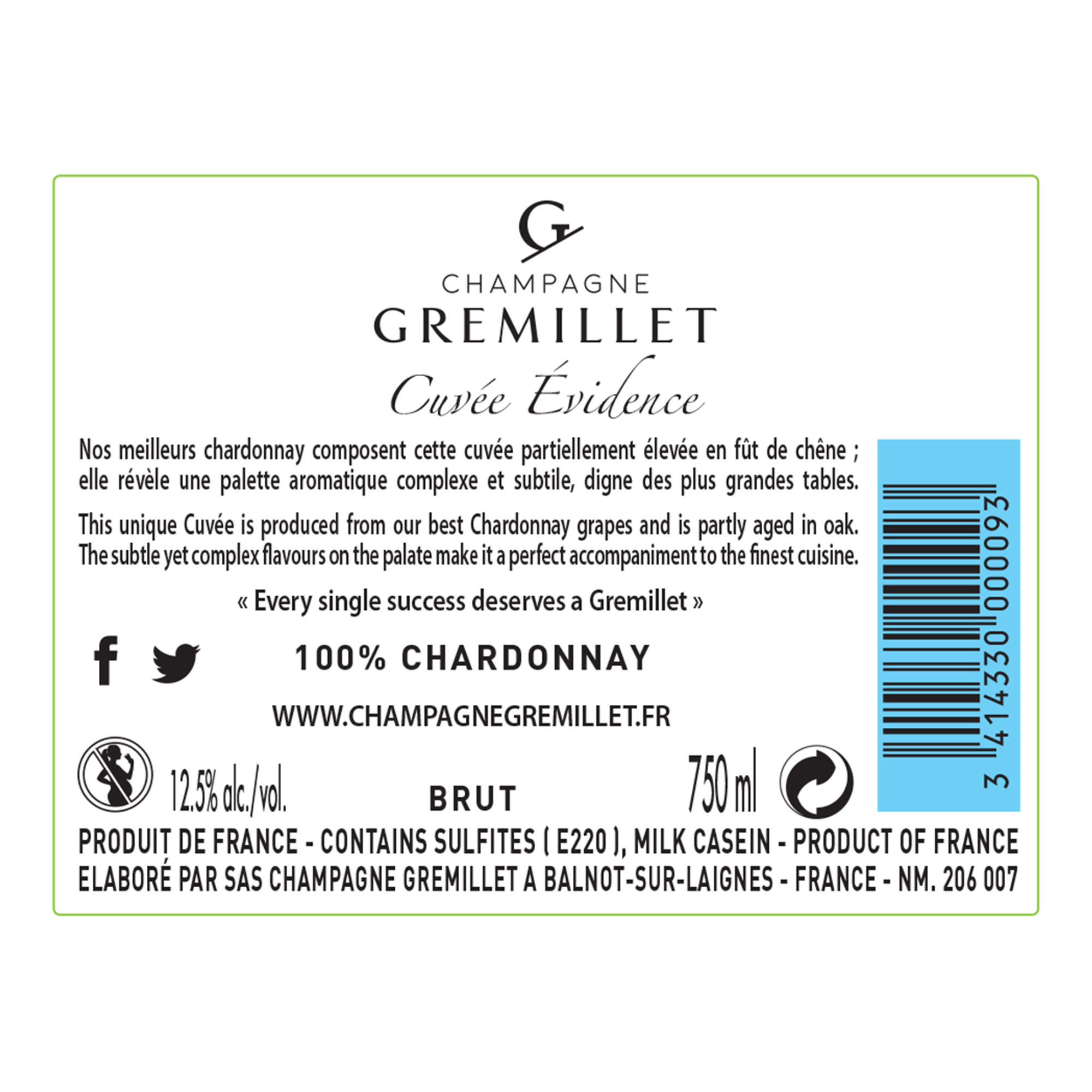 1 bott. 75 cl Brut Cuvèe Evidence Champagne Gremillet vista1