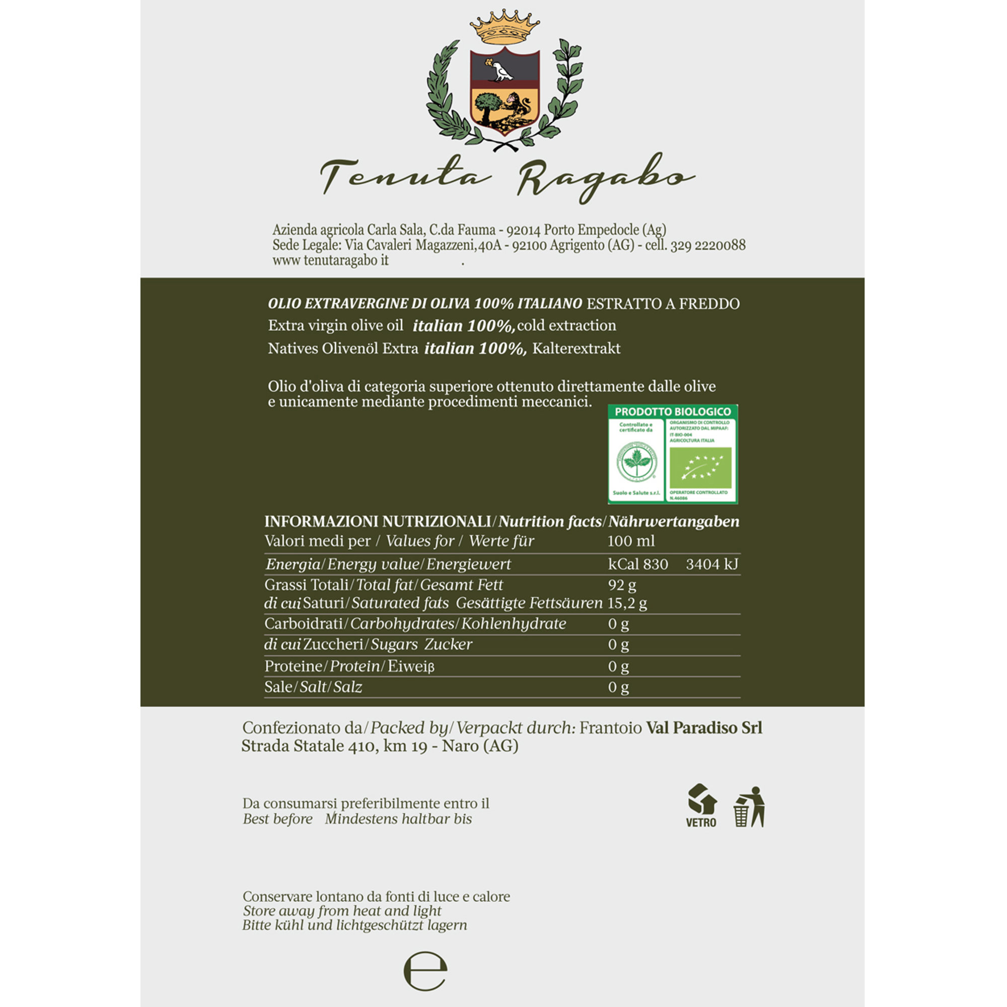 12 latas de 1 litro Aceite Evo ecológico Antica Riserva Tenuta Ragabo vista1
