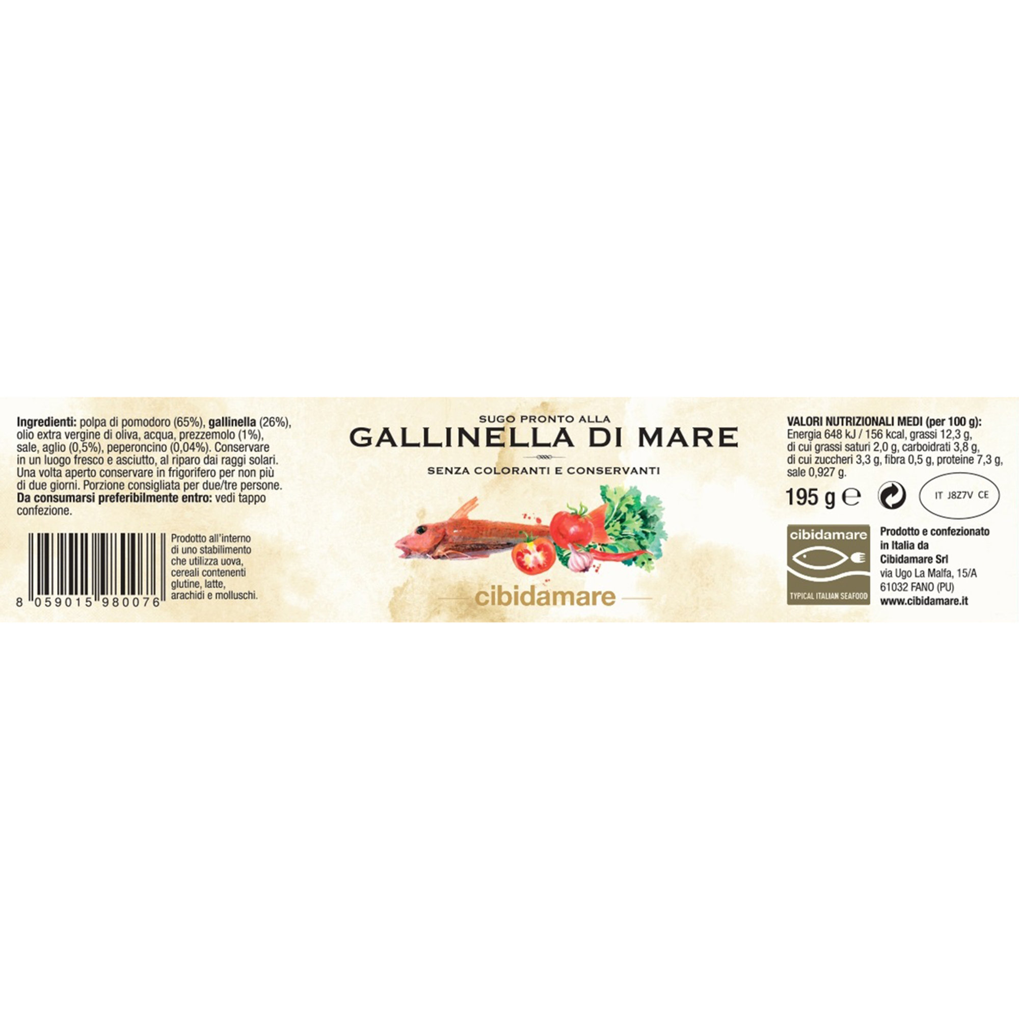 6 vasetti 195 gr: 2 Sugo Vongole e Ceci - 2 Sugo alla Gallinella di mare - 2 Sugo Passera di mare Cibidamare vista4