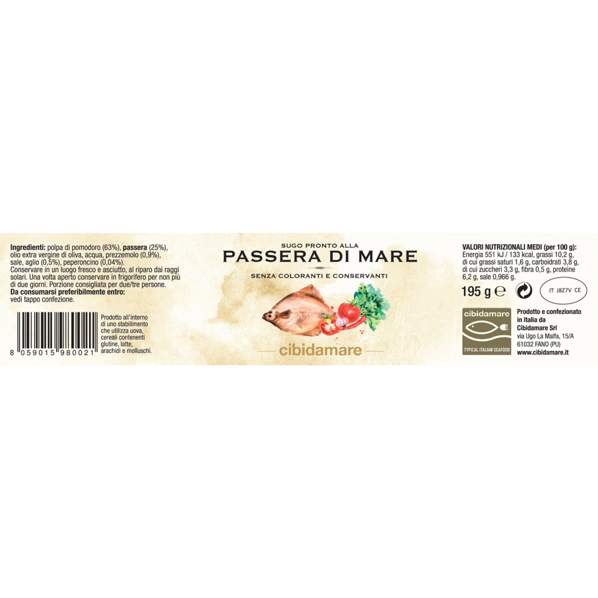 6 vasetti 195 gr: 2 Sugo Vongole e Ceci - 2 Sugo alla Gallinella di mare - 2 Sugo Passera di mare Cibidamare vista6