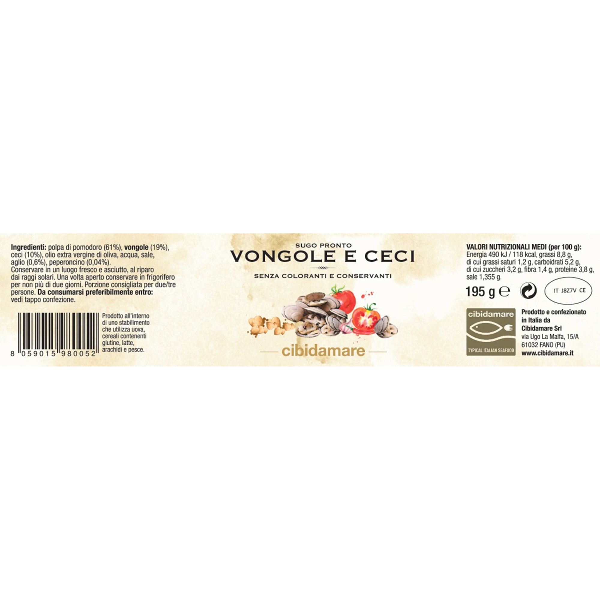 6 vasetti 195 gr: 2 Sugo Vongole e Ceci - 2 Sugo alla Gallinella di mare - 2 Sugo Passera di mare Cibidamare vista2