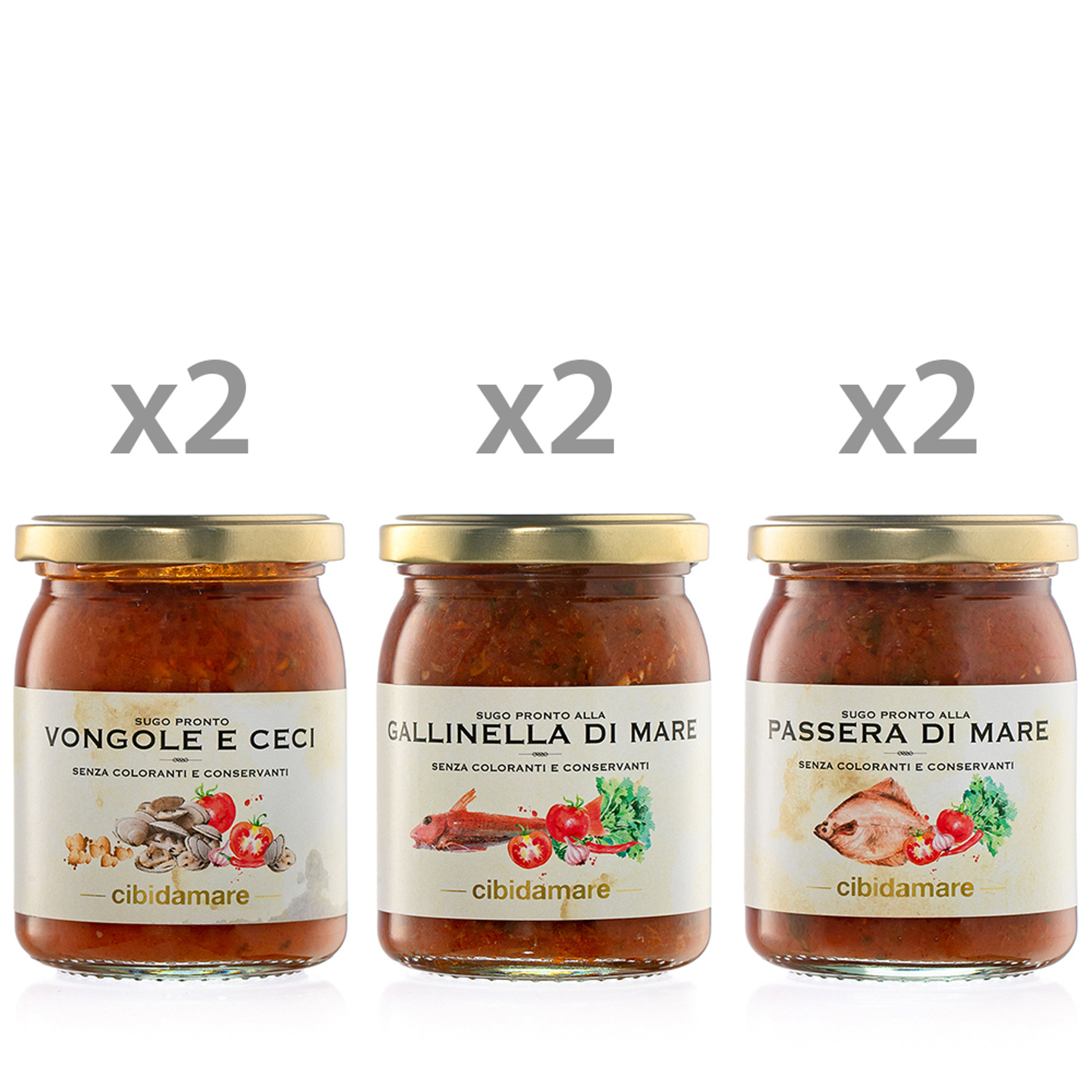 6 vasetti 195 gr: 2 Sugo Vongole e Ceci - 2 Sugo alla Gallinella di mare - 2 Sugo Passera di mare Cibidamare vista0