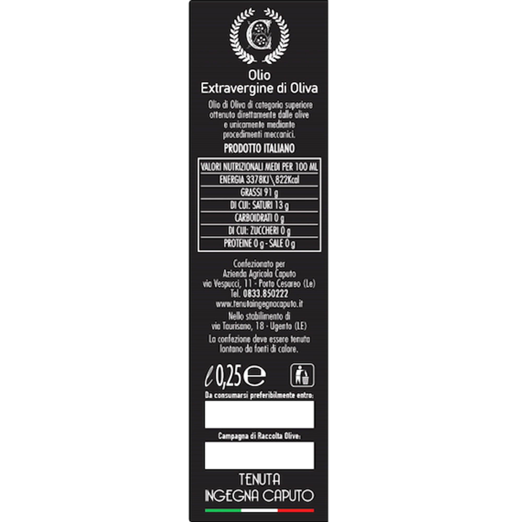 1 bottiglia - Olio EVO "Fior d'olio" 25 cl con astuccio ed. limitata Ingegna Caputo vista2