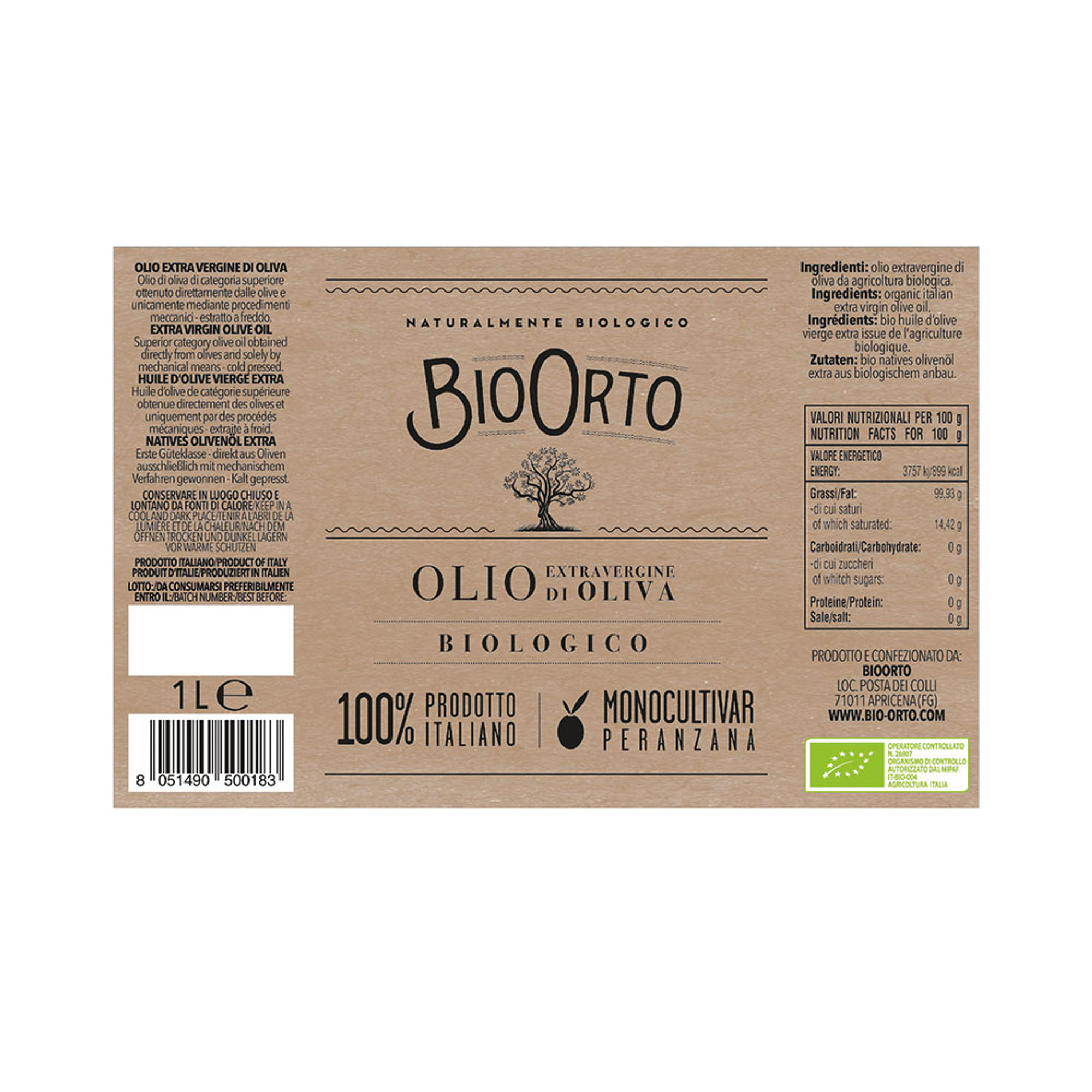 Olio Evo BIO monocultivar Peranzana 1 lt Bio Orto vista1