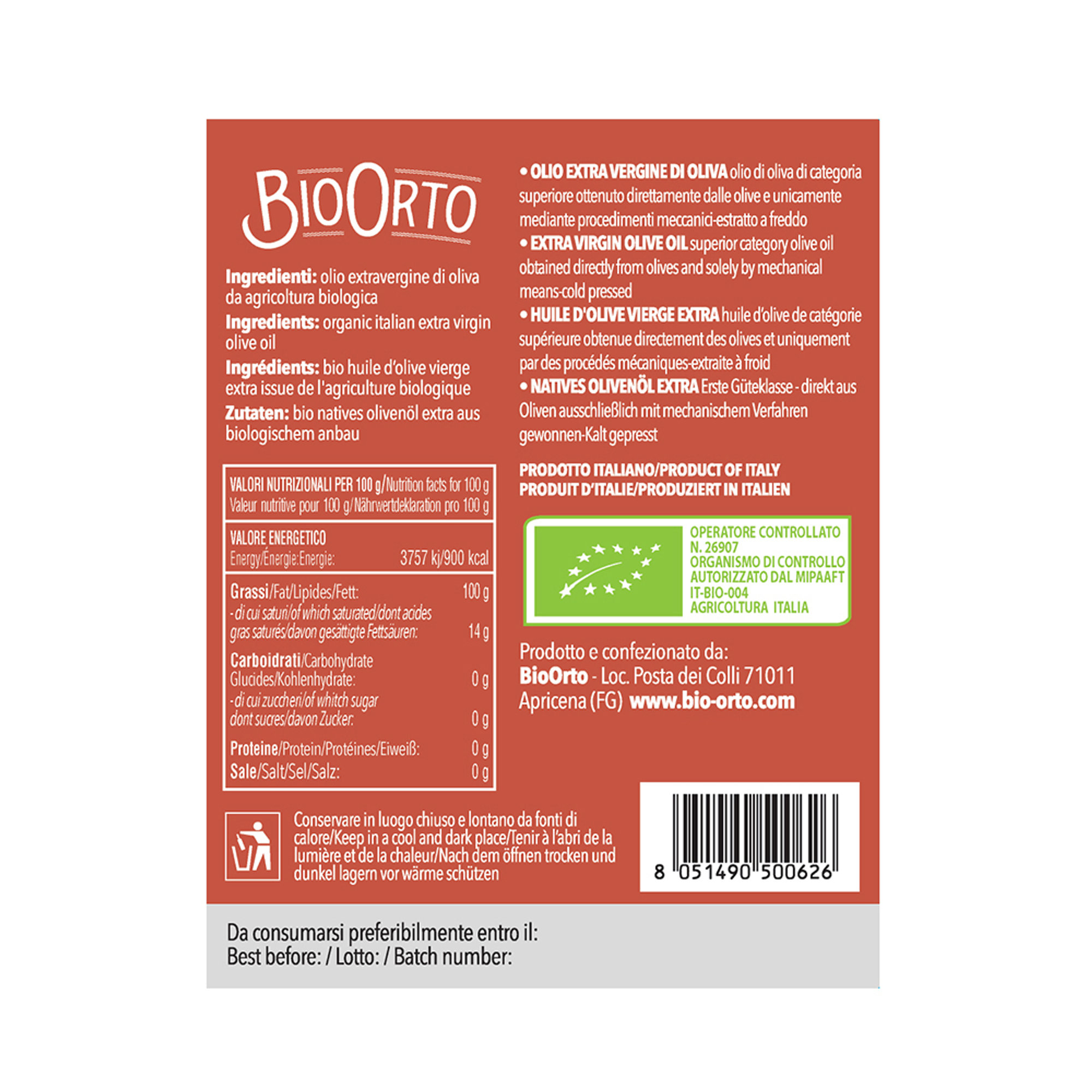 Olio Evo BIO monocultivar Coratina 1 lt Bio Orto vista1