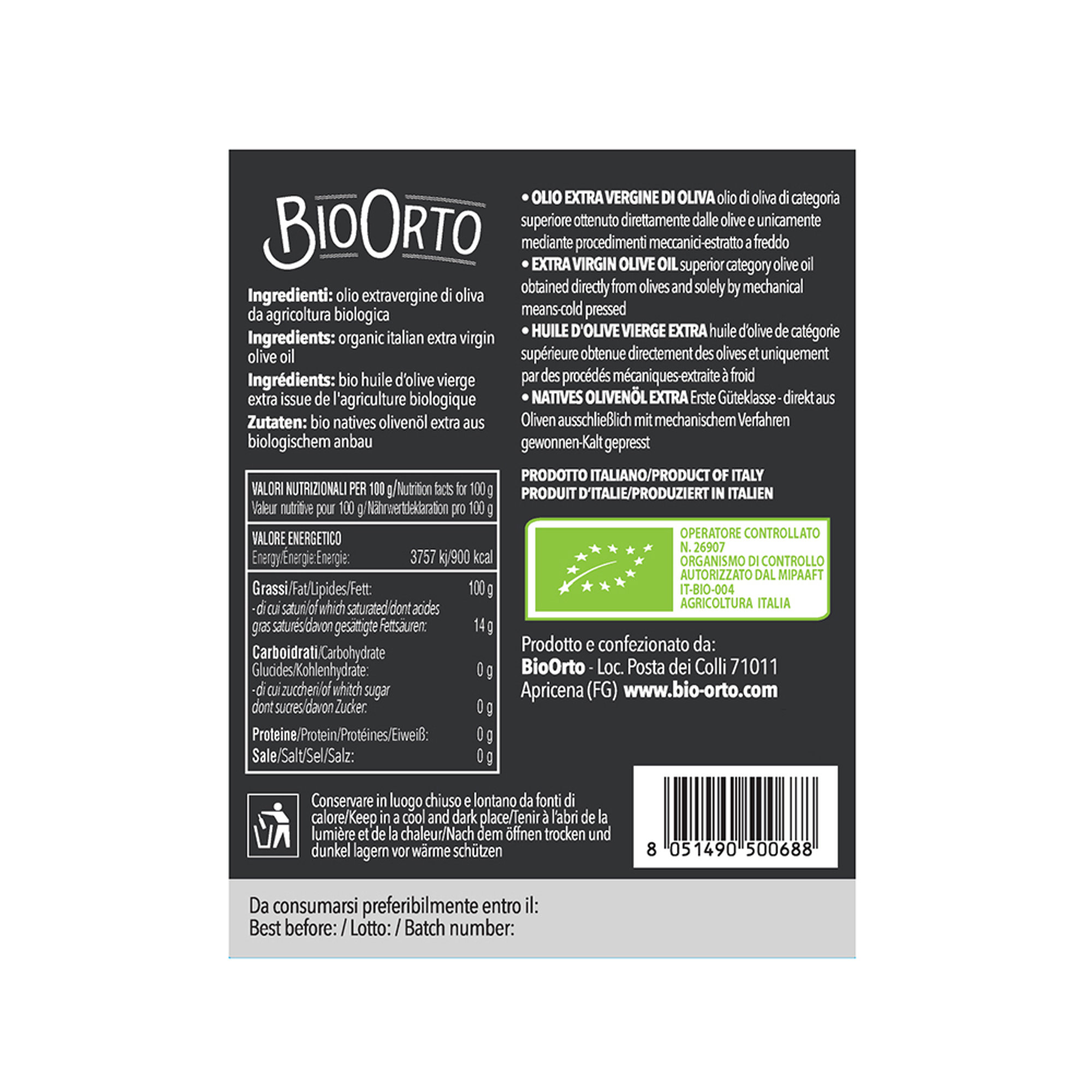Olio Evo BIO monocultivar Ogliarola 1 lt Bio Orto vista1