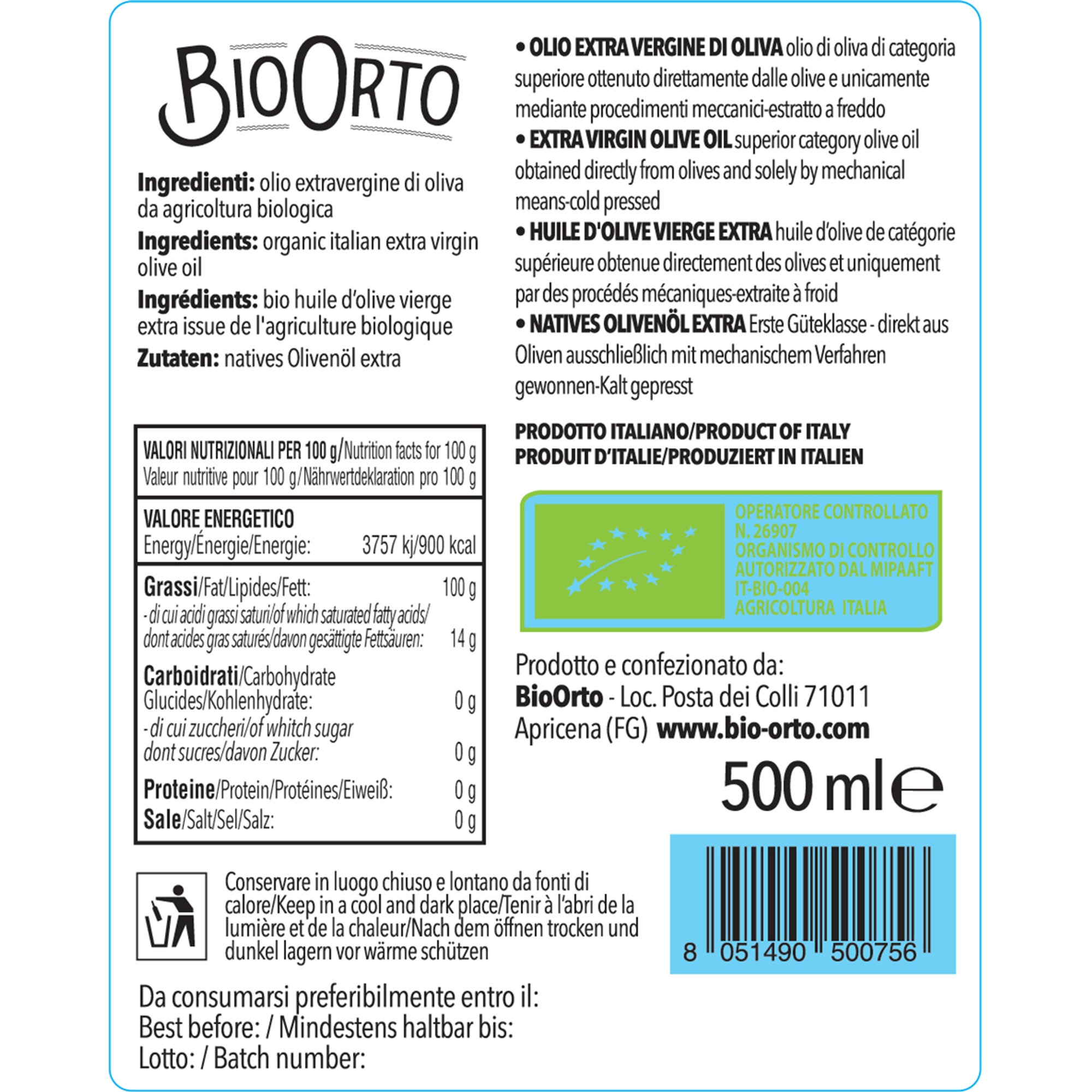 Olio Evo BIO GRAND CRU monocultivar Ogliarola 500 ml Bio Orto vista1