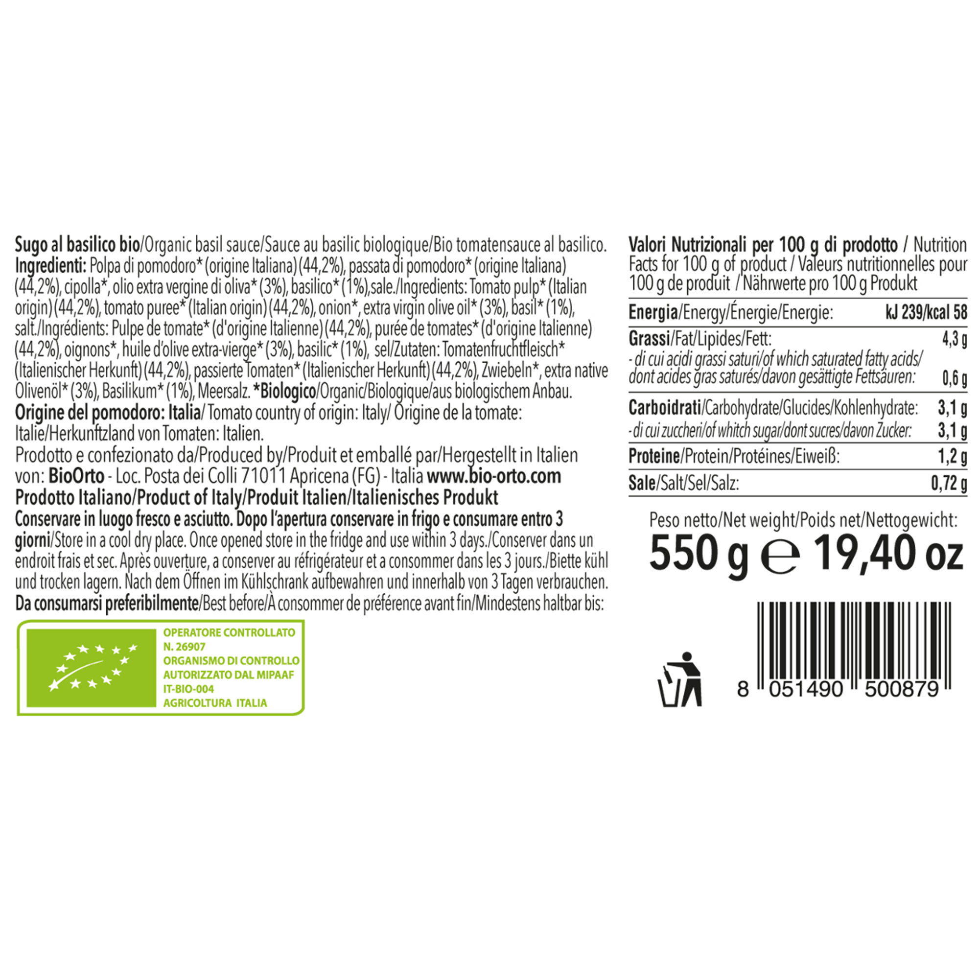 Set da 2 - Sugo pomodoro e basilico 550 gr Bio Orto vista1