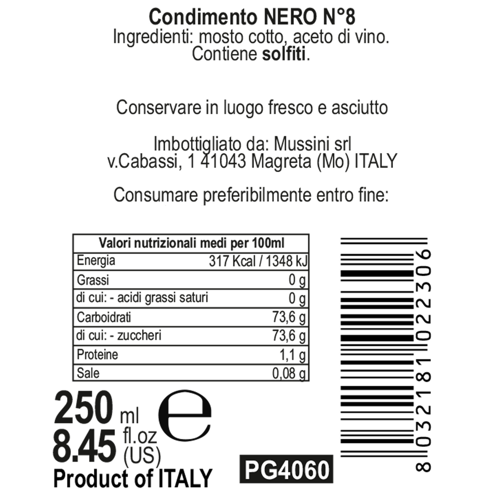 1 bottiglia - Condimento balsamico "Nero n.8" da 250 ml Mussini vista2