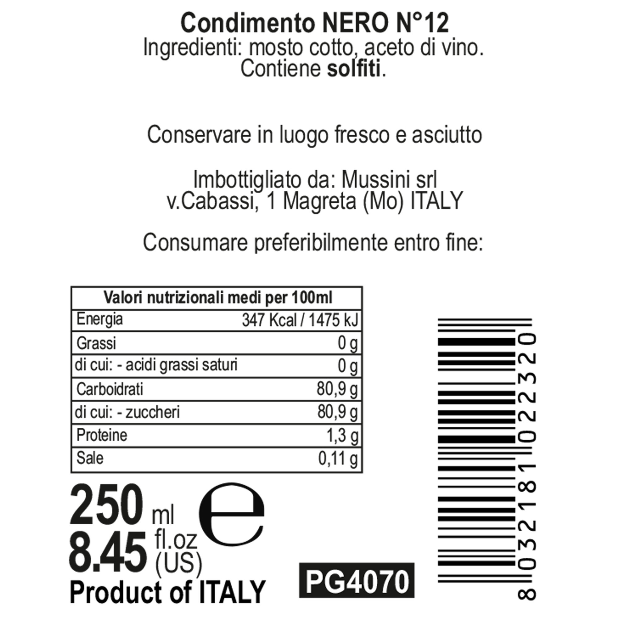 1 bottiglia - Condimento balsamico "Nero n.12" da 250 ml Mussini vista2