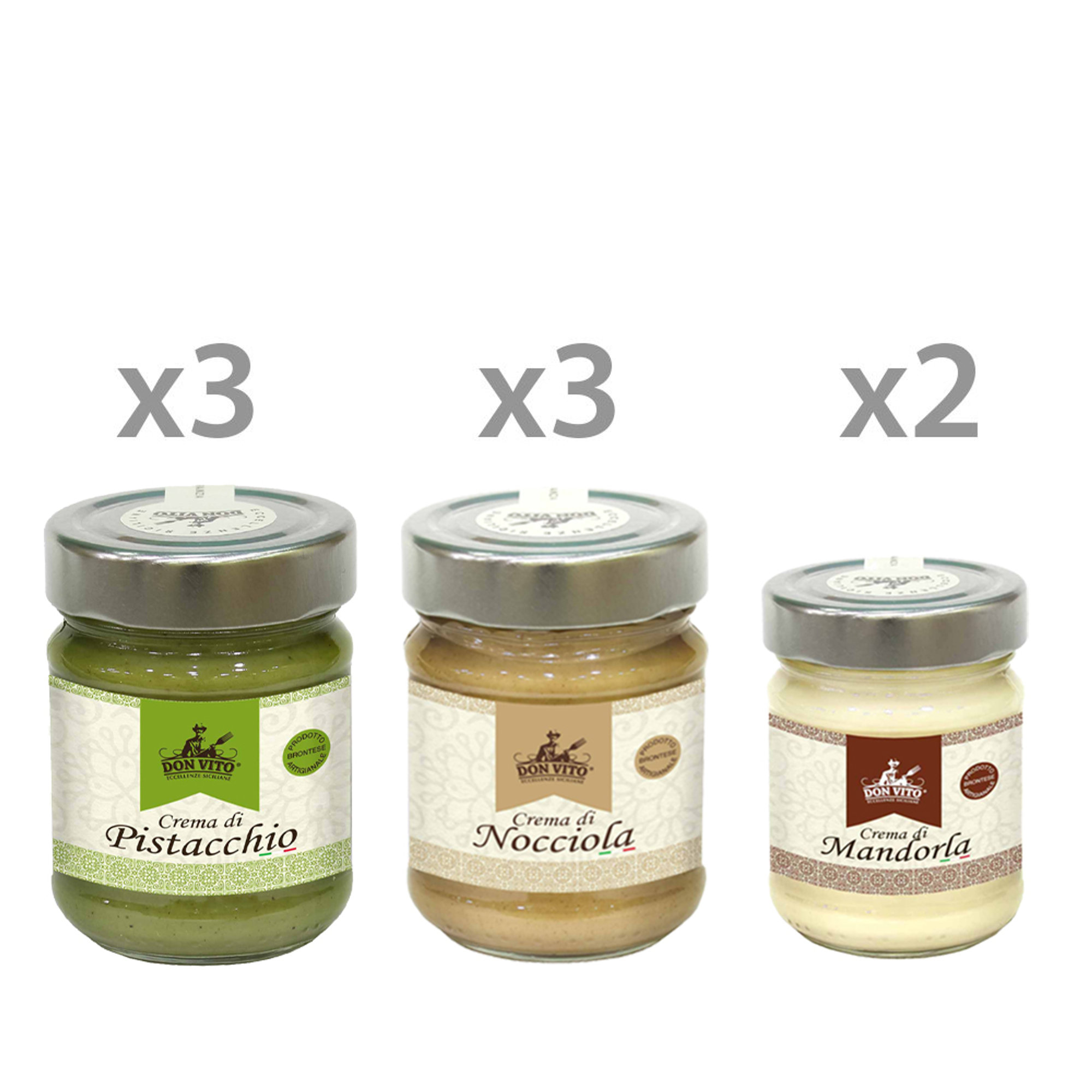 8 vasetti misti: 3 Crema di Pistacchio 190 gr - 3 Crema di Nocciola 190 gr - 2 Crema di Mandorla 90 gr Don Vito - Eccellenze Siciliane vista0