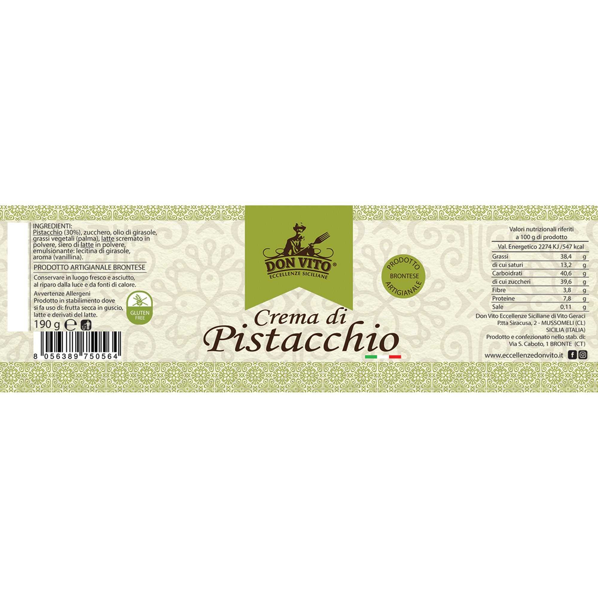 8 vasetti misti: 3 Crema di Pistacchio 190 gr - 3 Crema di Nocciola 190 gr - 2 Crema di Mandorla 90 gr Don Vito - Eccellenze Siciliane vista2