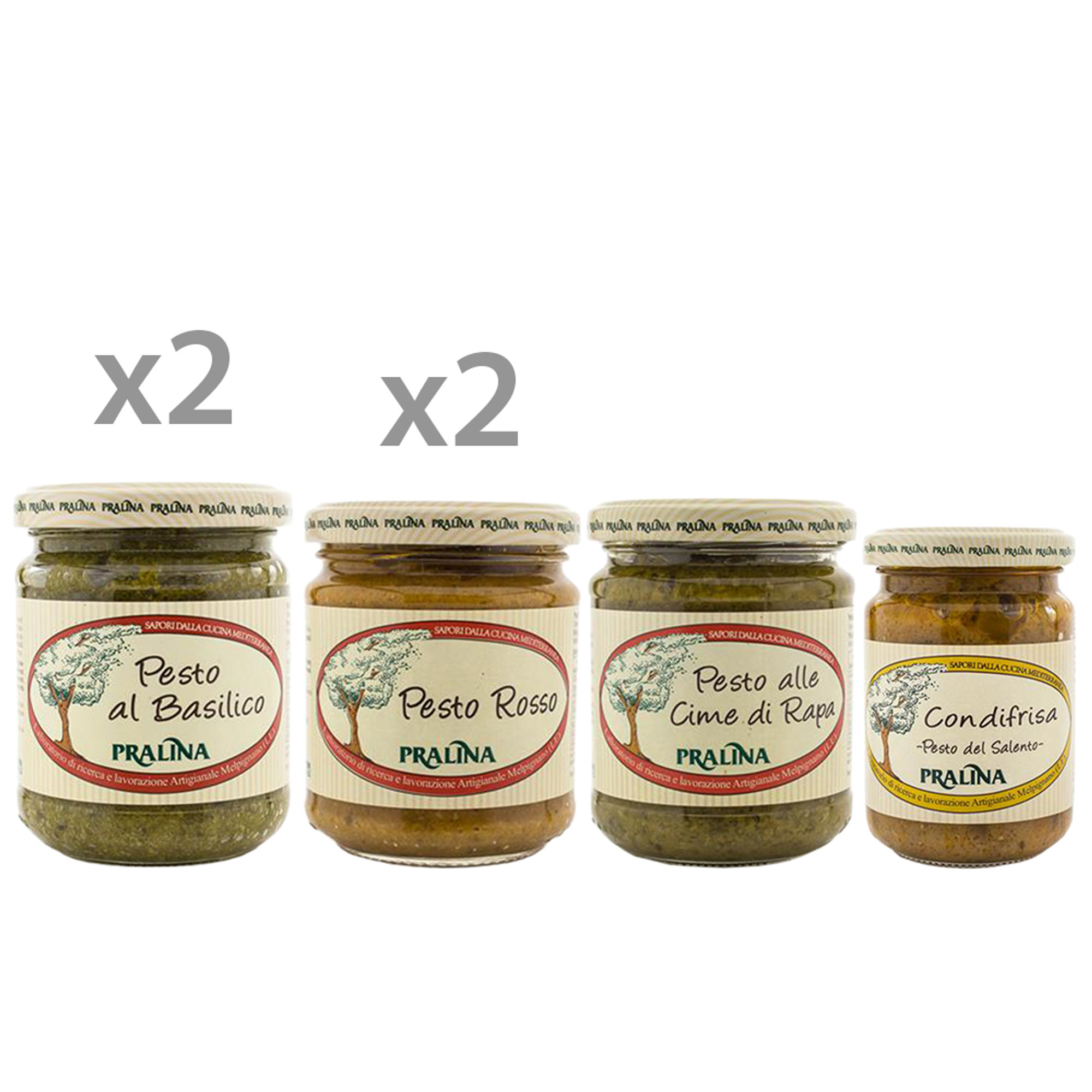 6 vasetti misti: 2 Pesto di Basilico - 2 Pesto Rosso - 1 Pesto di Cime di Rapa - 1 Condifrisa Pralina vista0