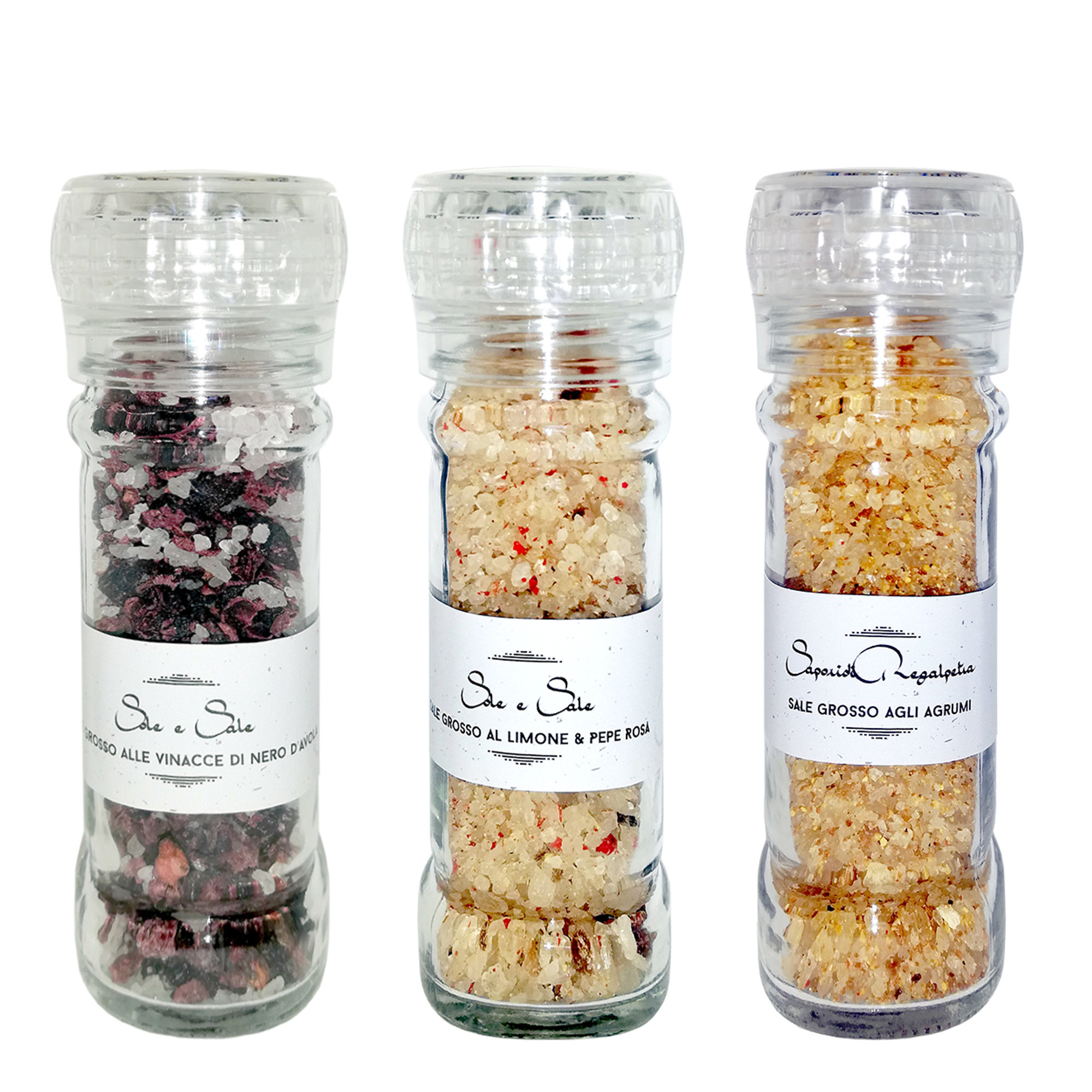 6 Salegrosso con Macinasale 110 gr: 2 Vinacce di Nero d'Avola - 2 Limone e pepe rosa - 2 Agrumi Sapori di Regalpetra vista0