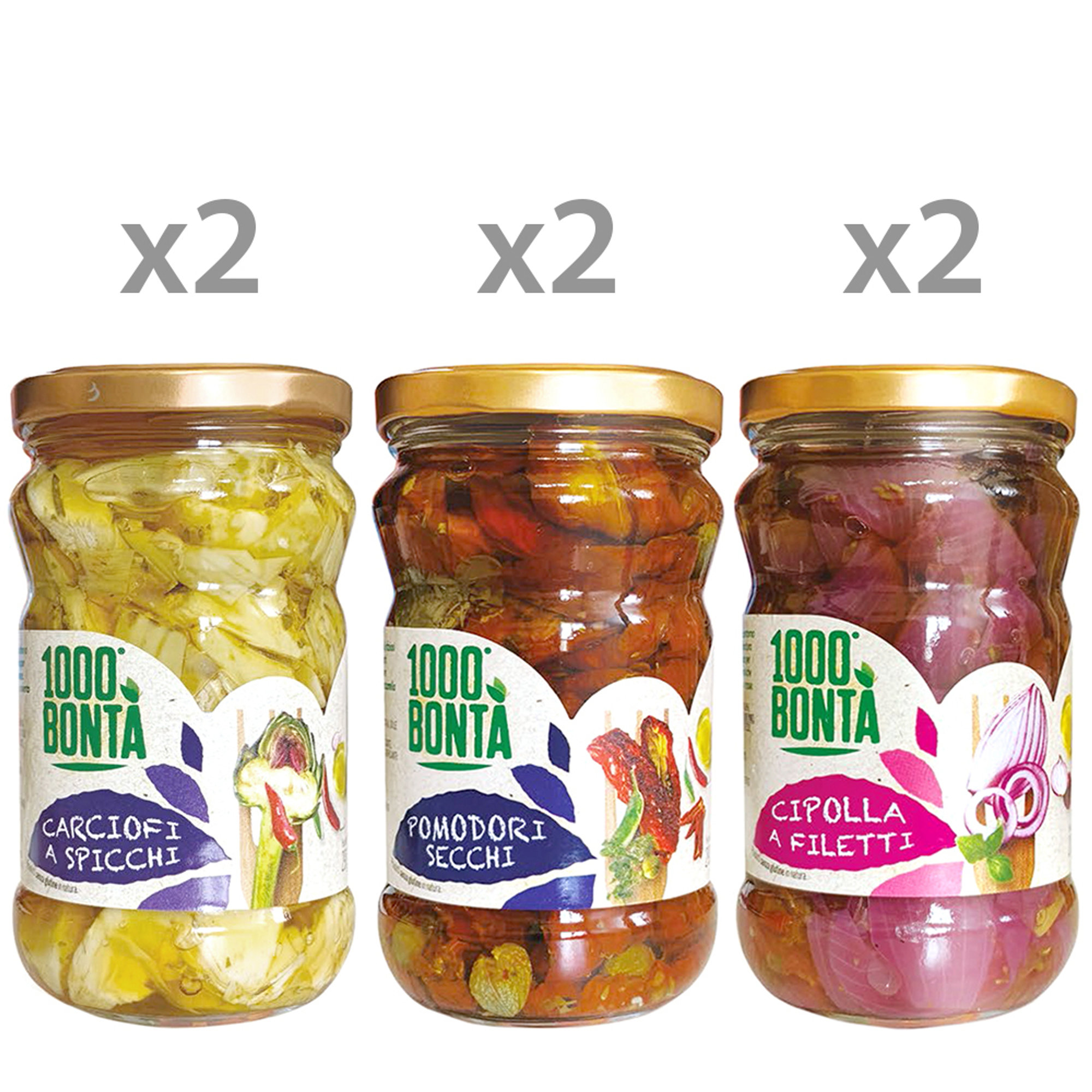Mix 6 antipasti: 2 carciofi a spicchi - 2 pomodori secchi - 2 cipolla a filetti 1000 Bontà vista0