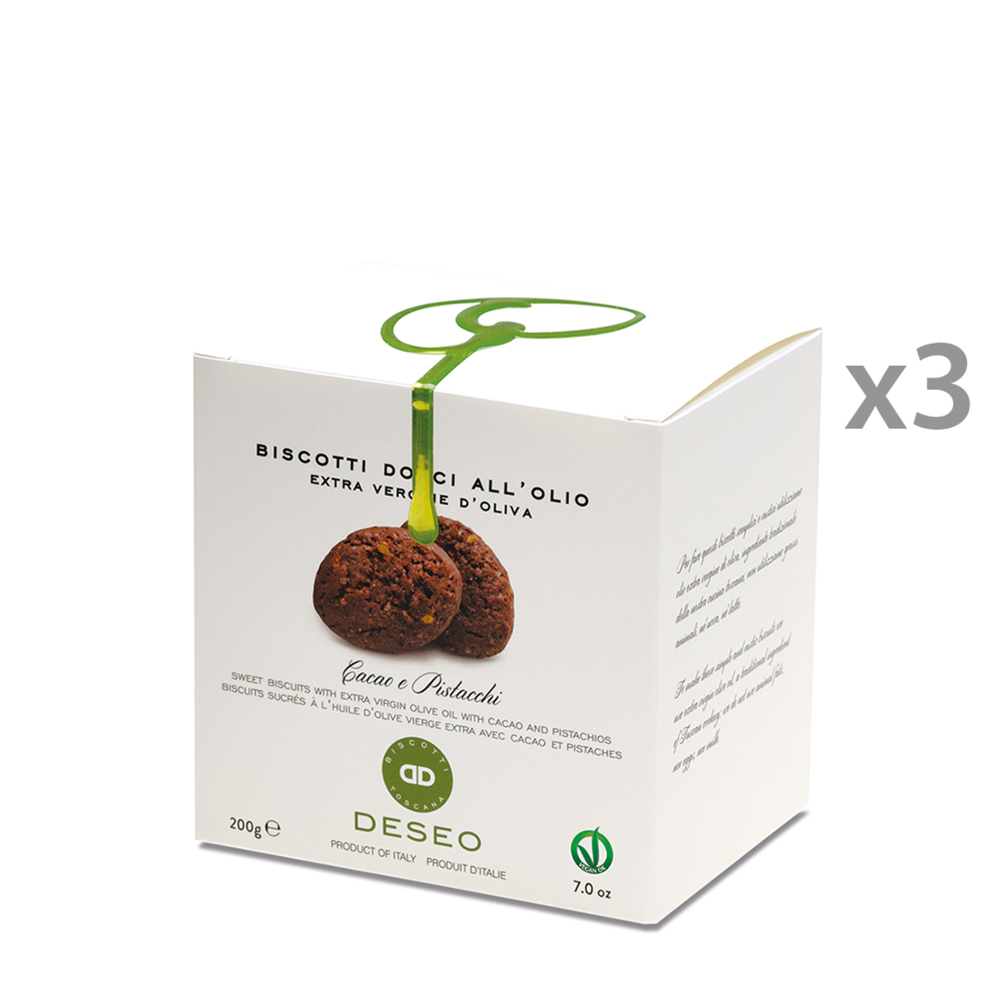 3 scatoline - Biscotti Dolci all''Olio Extravergine di Oliva Cacao Aromatico e Pistacchi 200 gr Deseo vista0