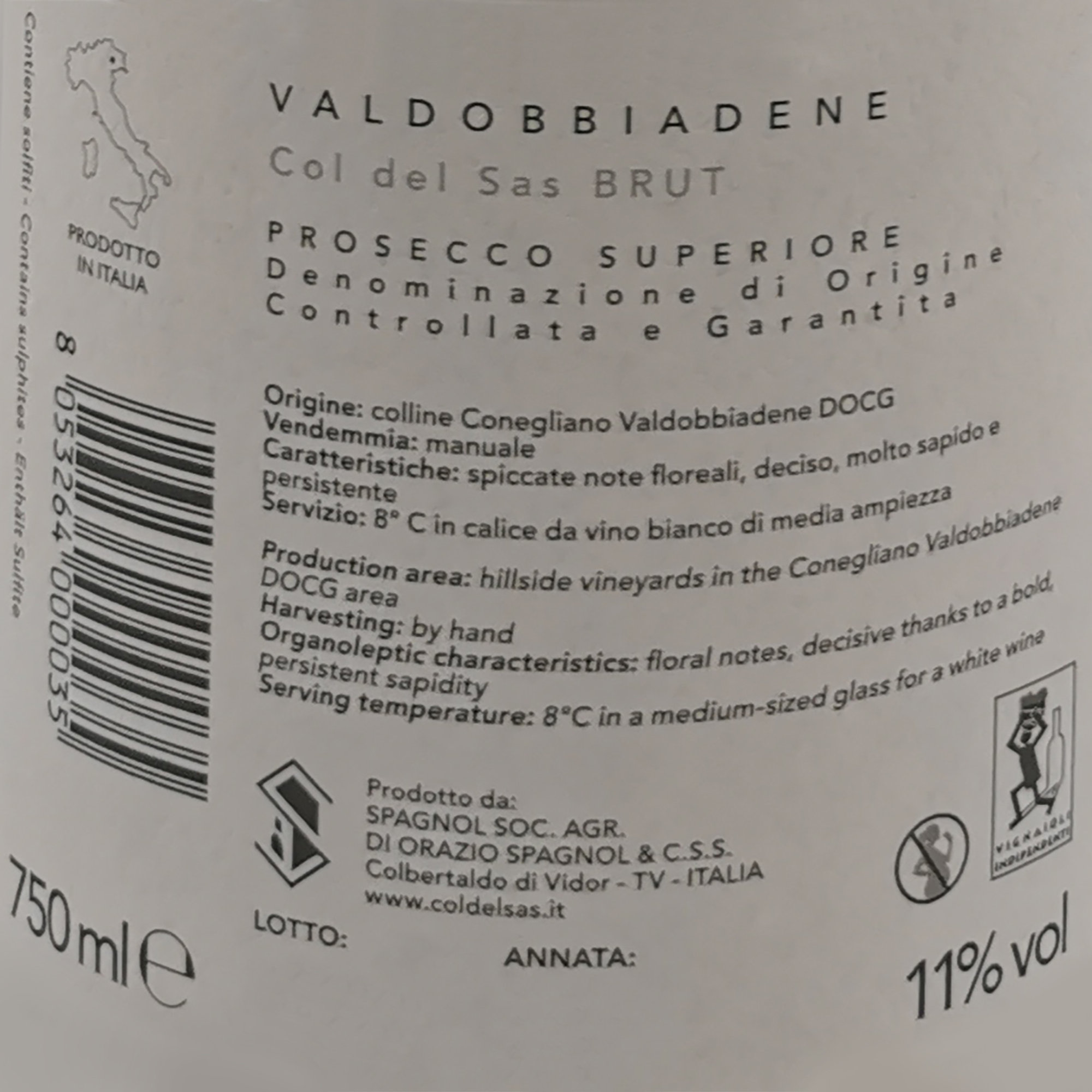 3 bottiglie - "Col de Sas" Conegliano Valdobbiadene DOCG Prosecco Superiore Brut Spagnol vista1