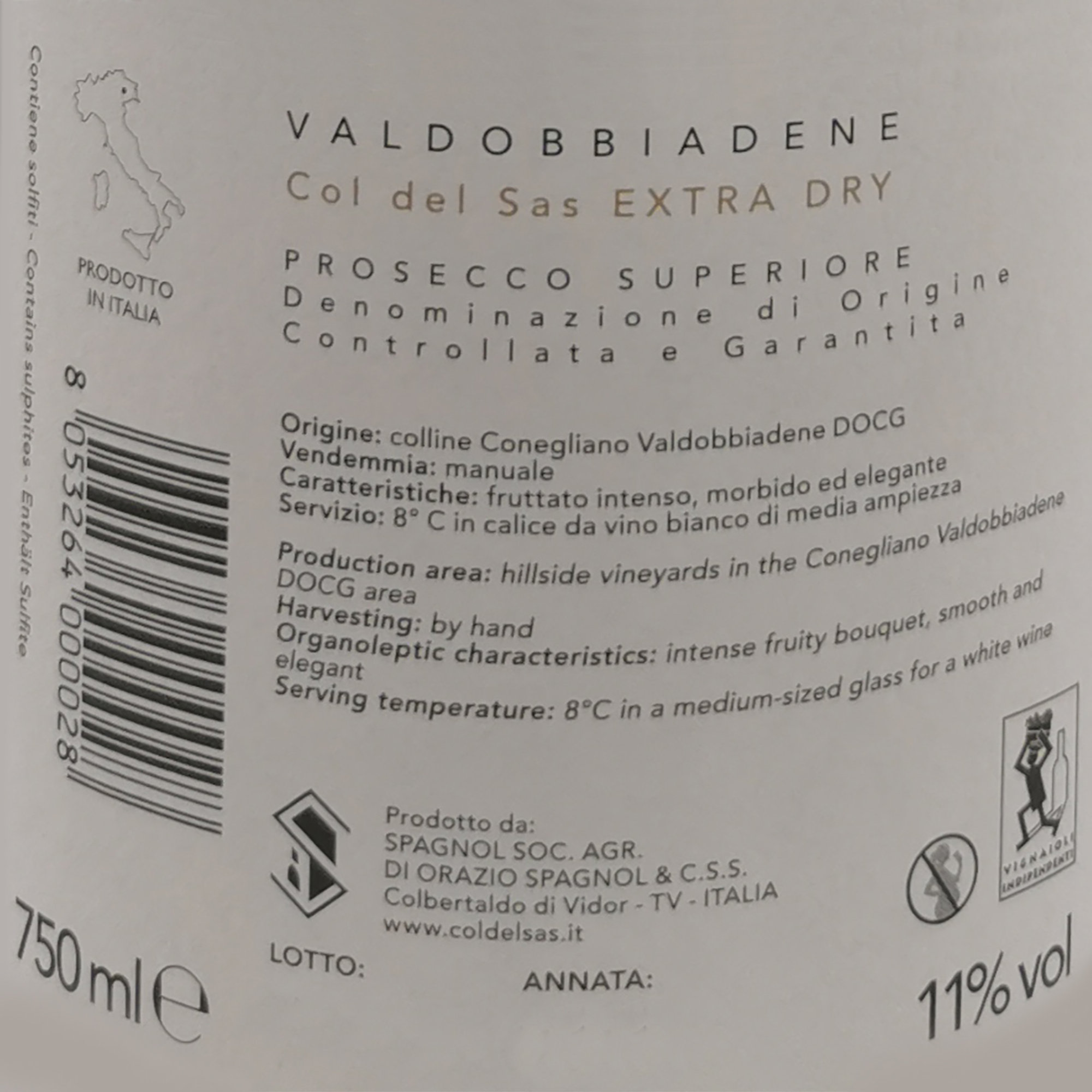 3 bottiglie - "Col de Sas" Conegliano Valdobbiadene DOCG Prosecco Superiore Extra Dry Spagnol vista1