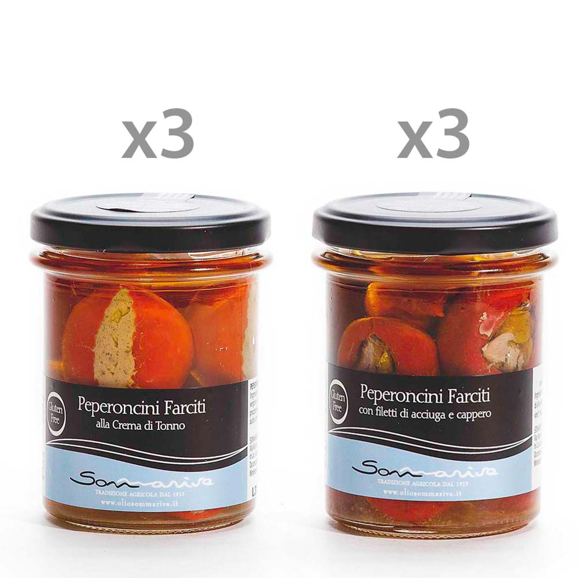 Box 6 vasetti: 3 Peperoncini farciti con crema di tonno 190 gr - 3 Peperoncini farciti con filetti di acciuga e cappero 180 gr Sommariva vista0