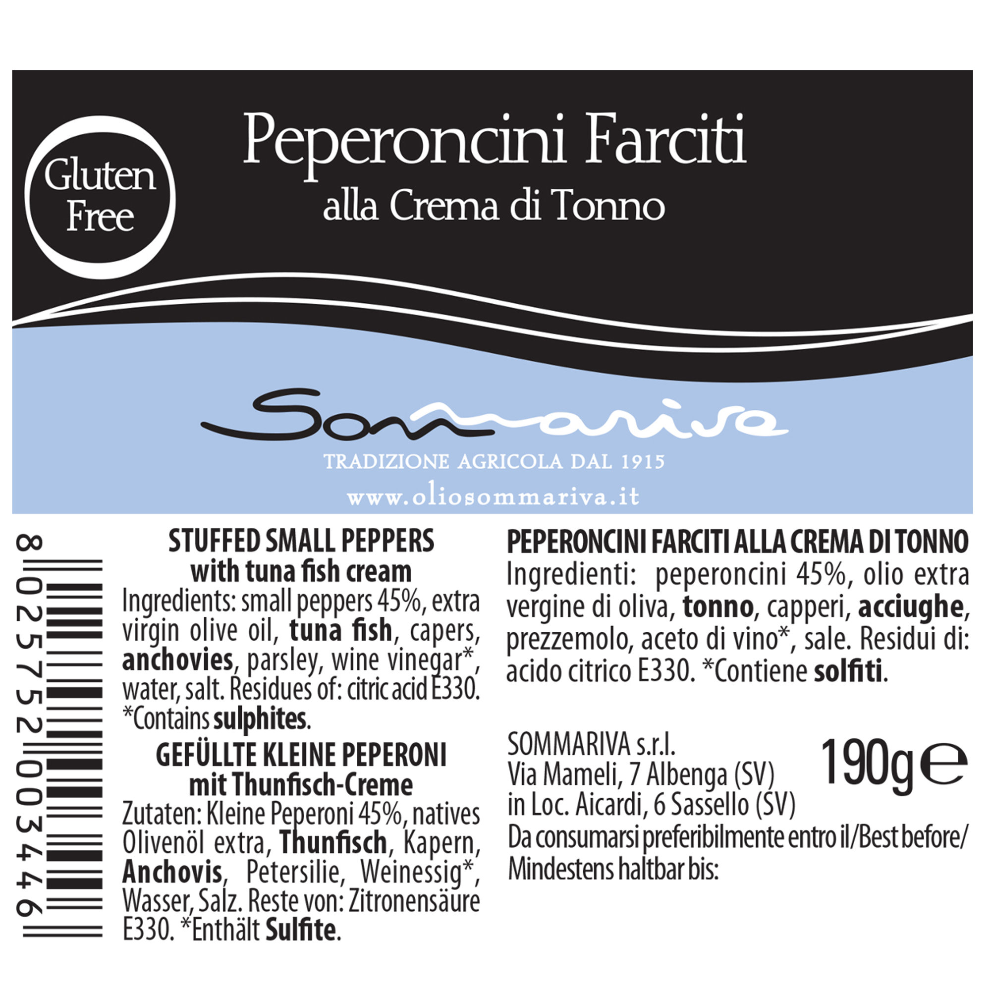 Box 6 vasetti: 3 Peperoncini farciti con crema di tonno 190 gr - 3 Peperoncini farciti con filetti di acciuga e cappero 180 gr Sommariva vista2