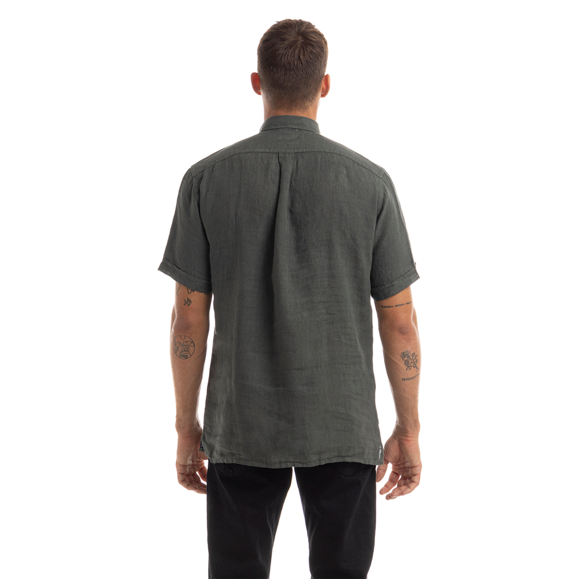 Camicia a a mezza manica in lino verde militare Brooksfield vista1