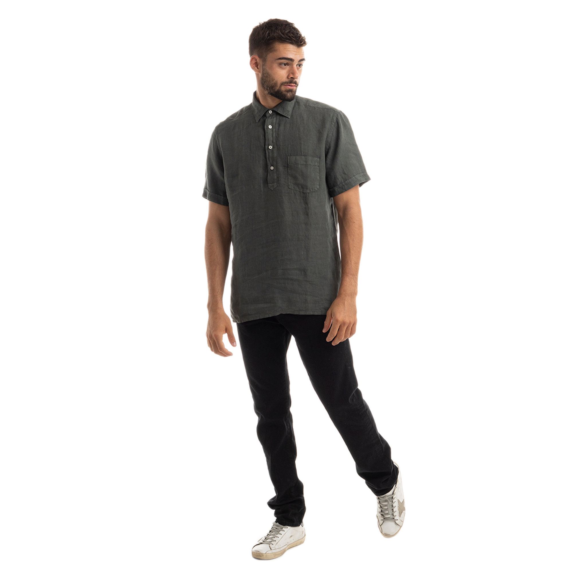 Camicia a a mezza manica in lino verde militare Brooksfield vista2
