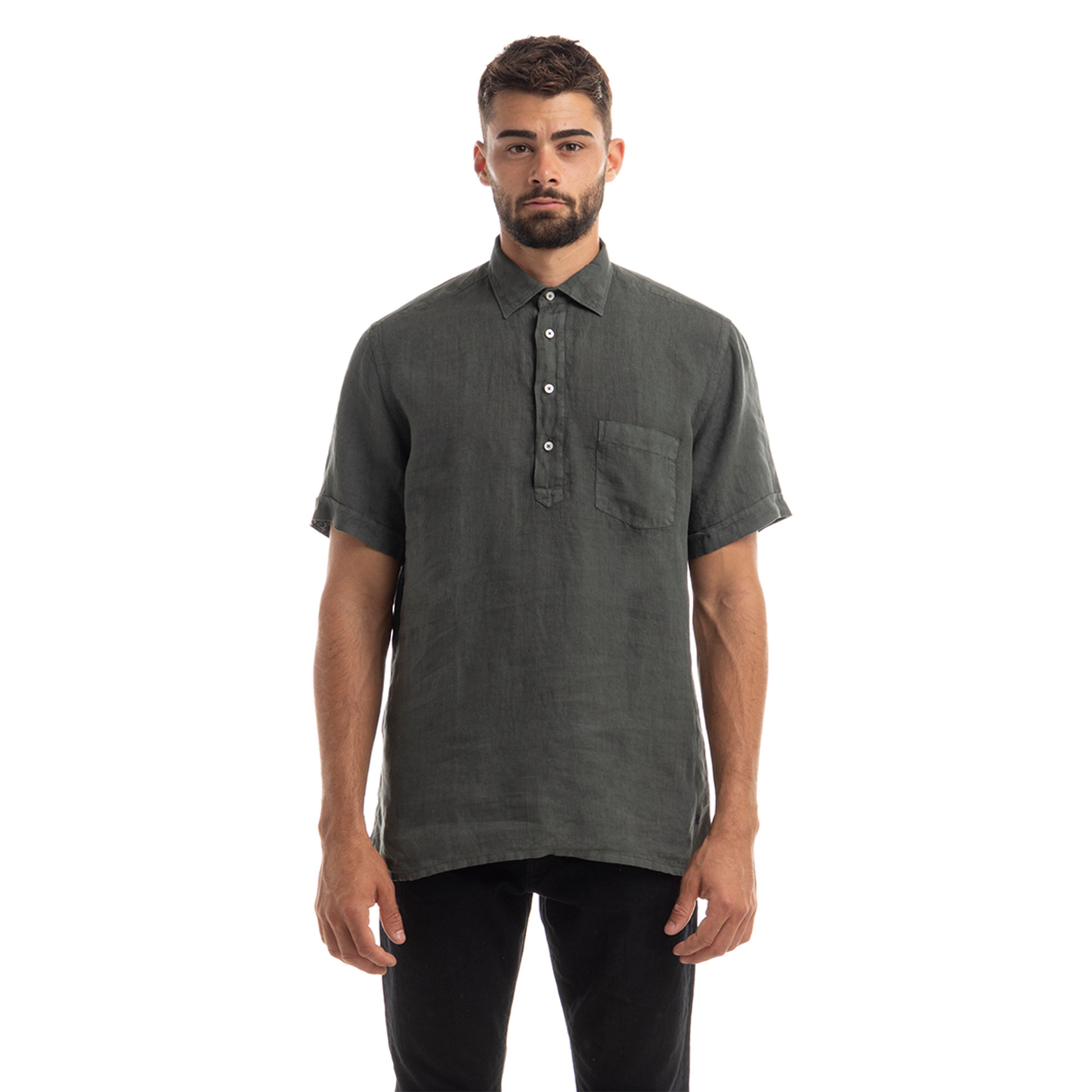 Camicia a a mezza manica in lino verde militare Brooksfield vista0