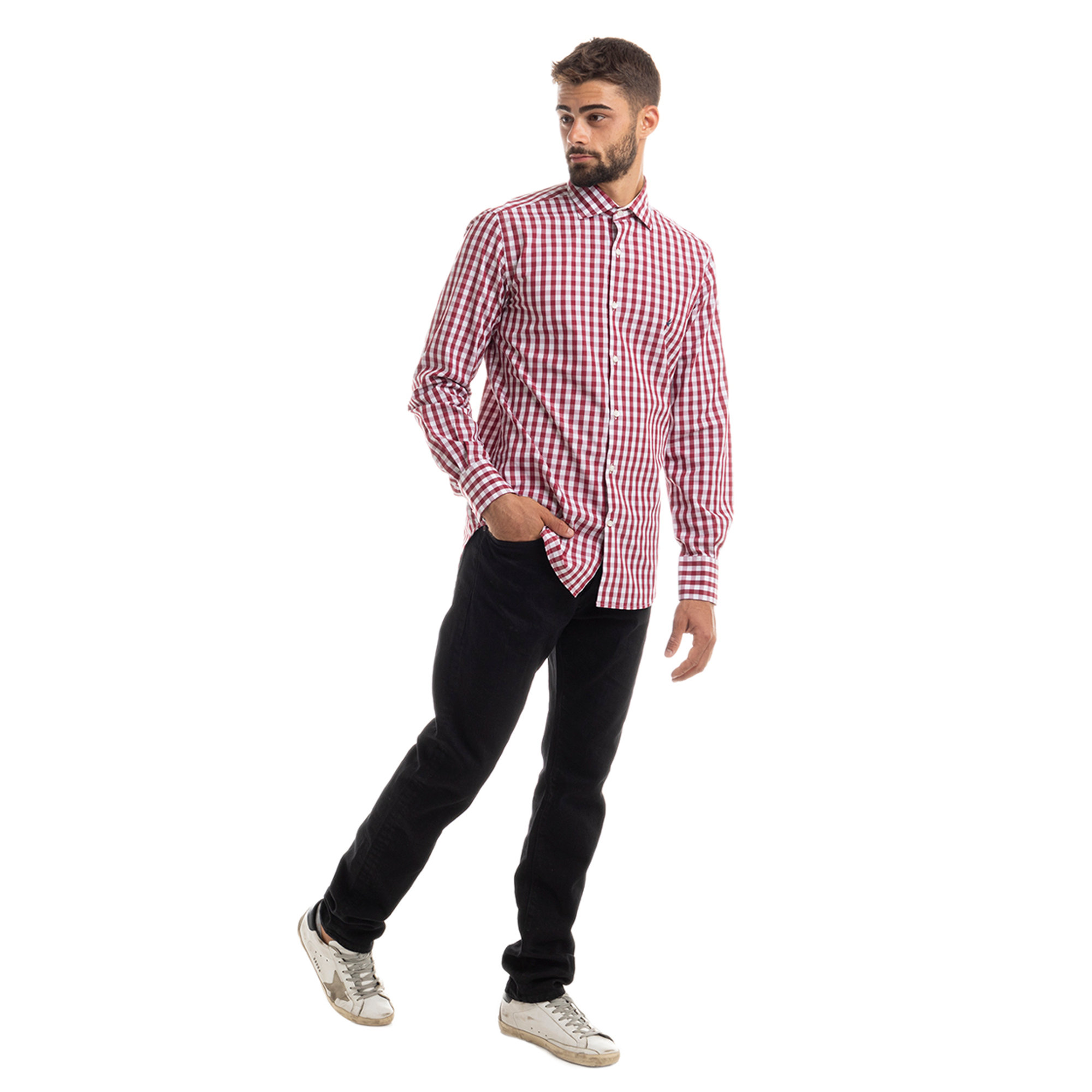 Camicia con fantasia check bianco e bordeaux Brooksfield vista1