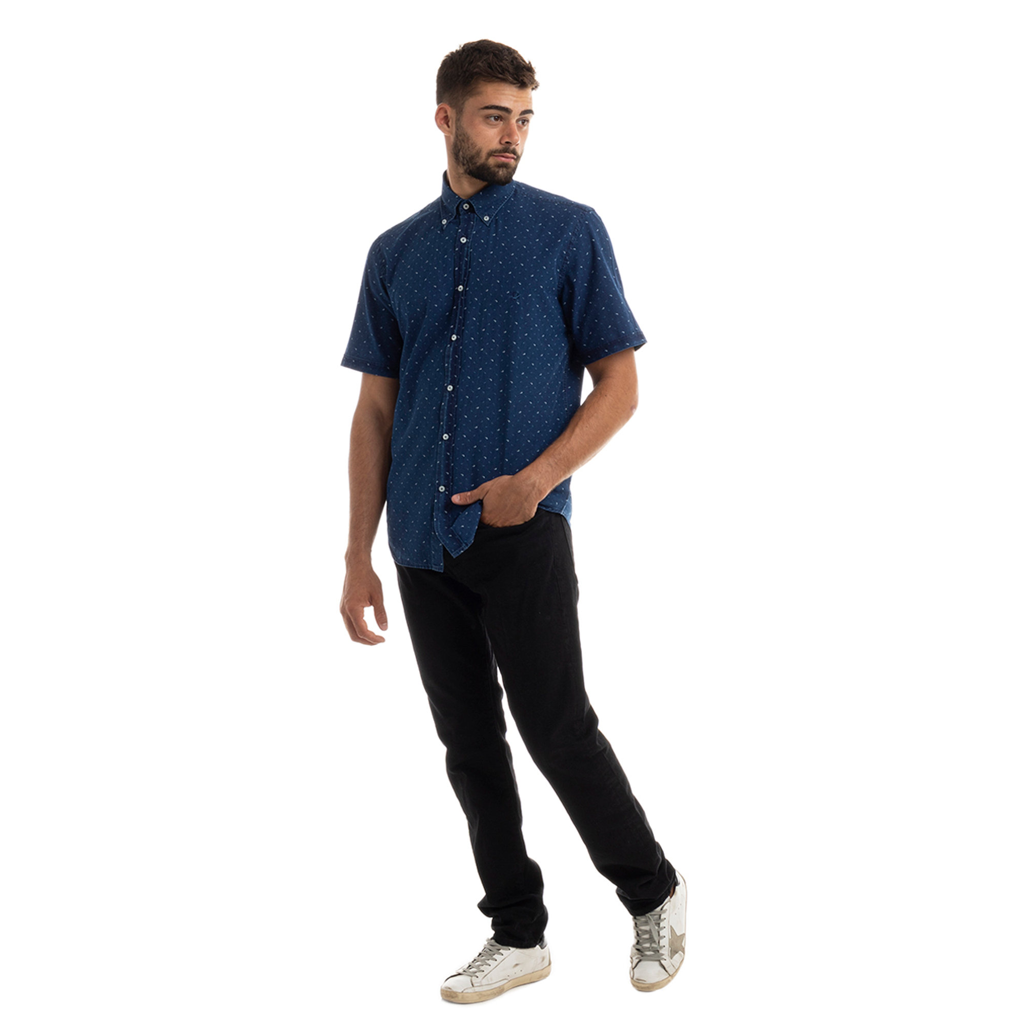 Camicia slim fit fantasia paisley su base blu Brooksfield vista1