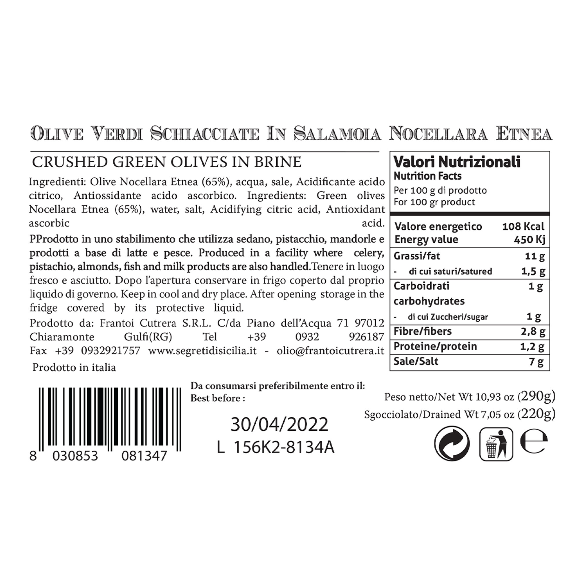 6 vasetti - Olive Verdi Schiacciate in Salamoia Nocellara 290 gr Segreti di Sicilia vista1