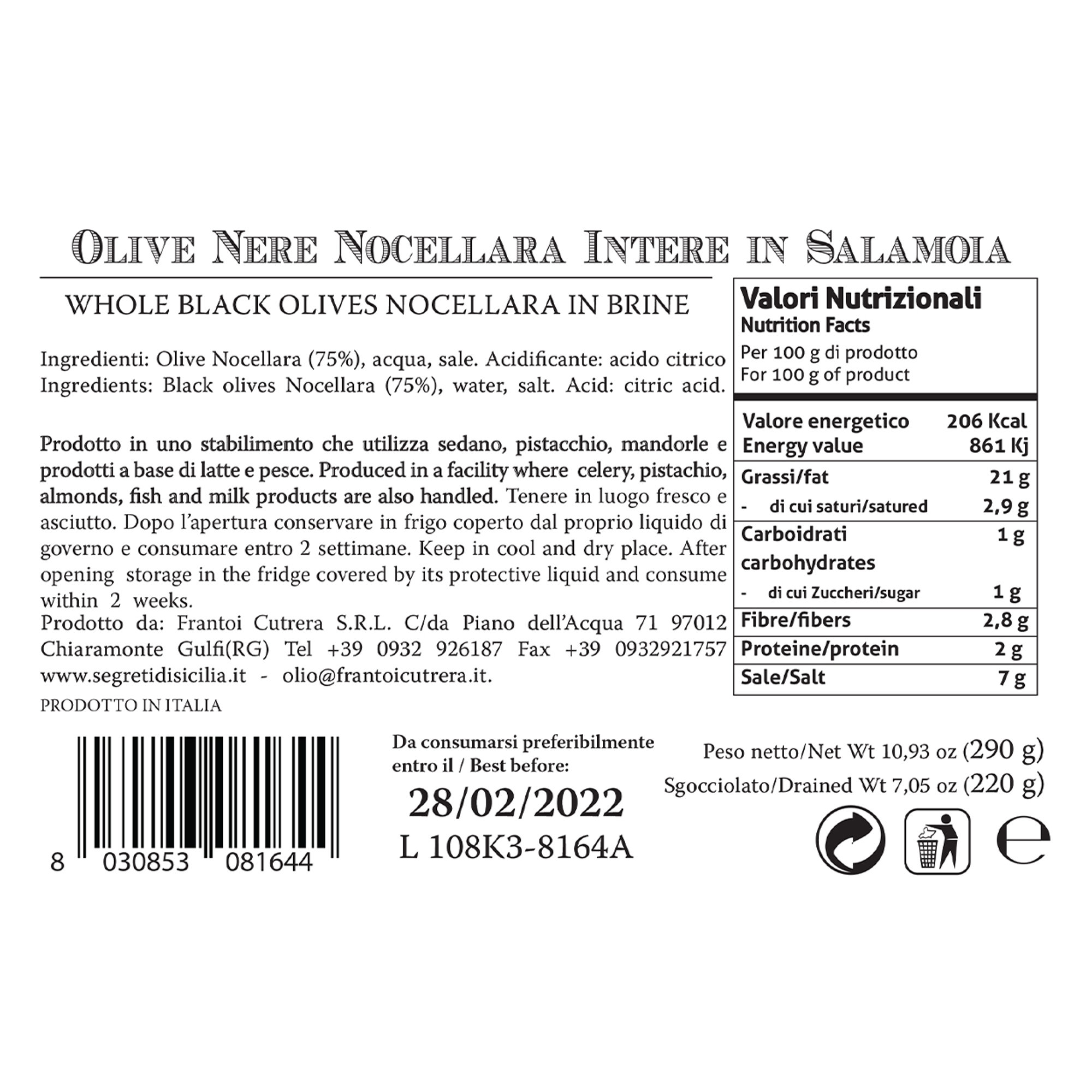6 vasetti - Olive Nere Intere in Salamoia Nocellara 290 gr Segreti di Sicilia vista1