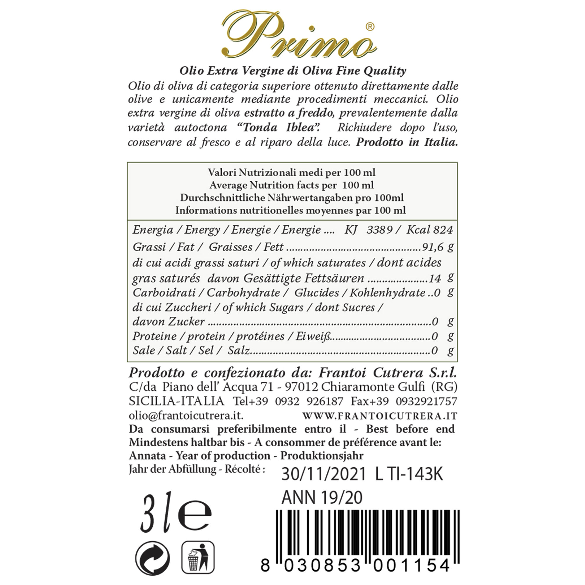1 latta 3 lt - Olio EVO Primo Fine Quality Frantoi Cutrera vista1