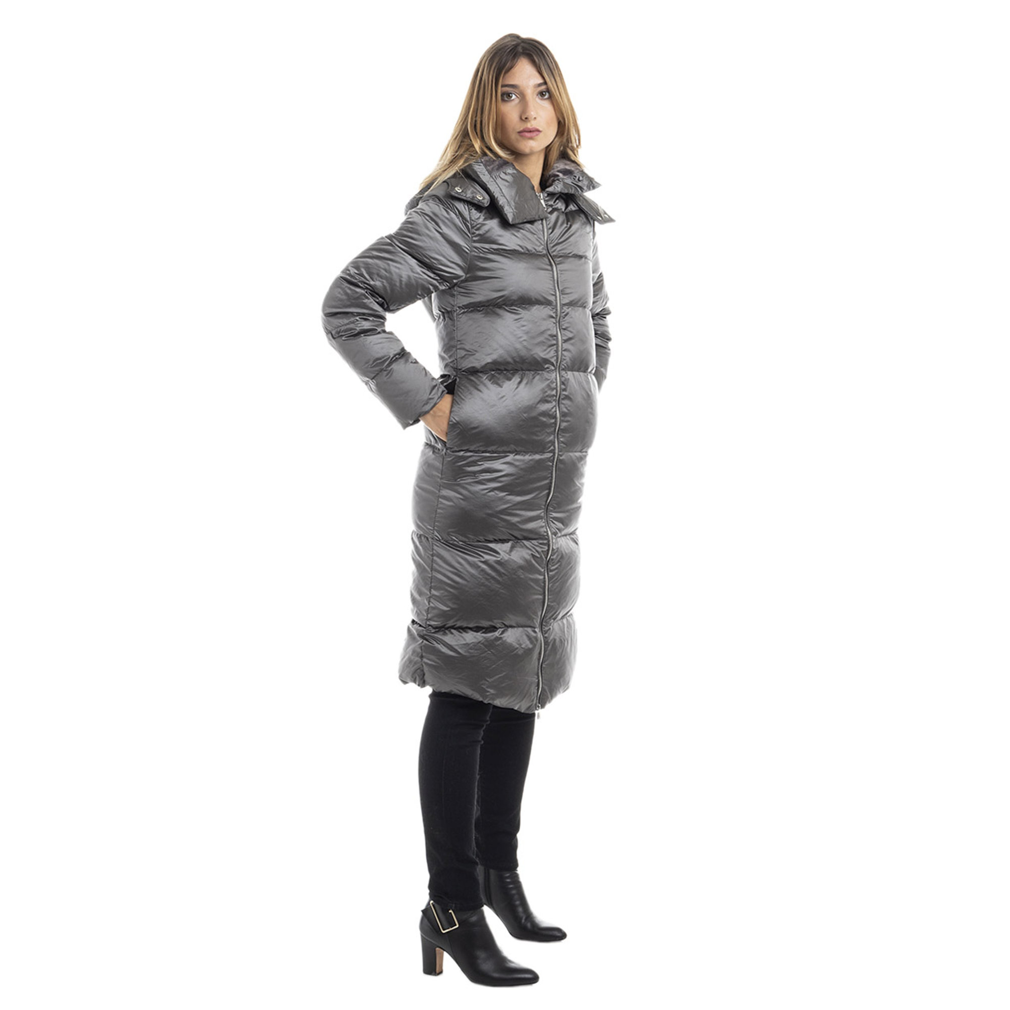 Piumino lungo in vera piuma grigio scuro Guess  vista1