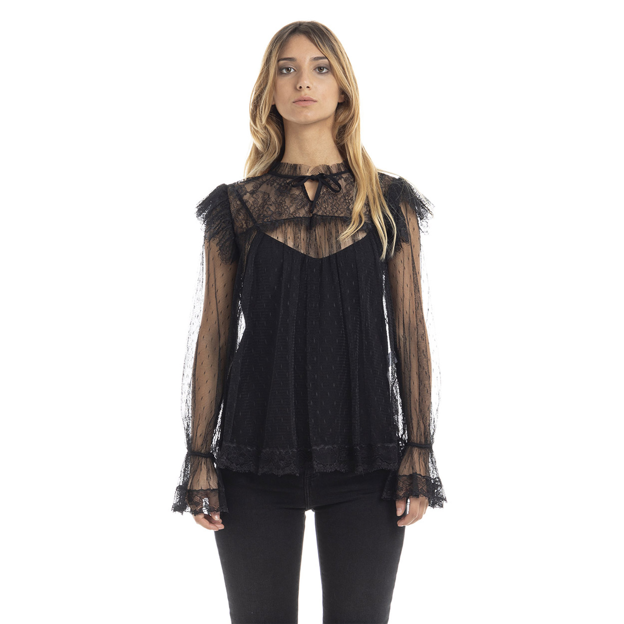 Blusa in tulle e pizzo nera Twinset vista0