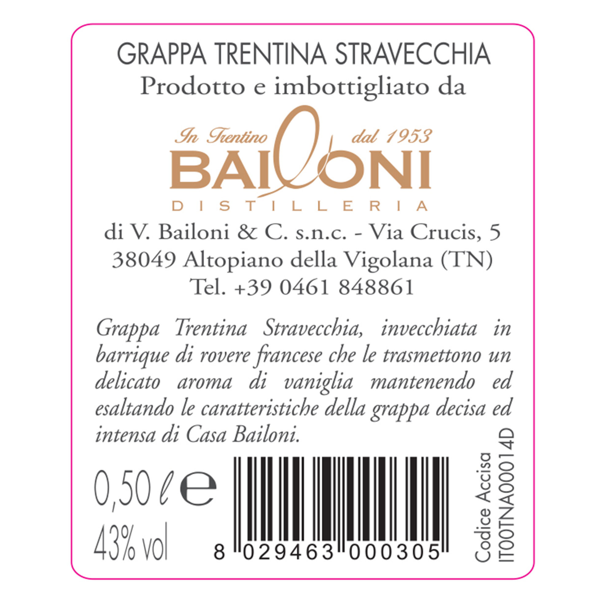1 pullo - Trentino Grappa Stravecchia Live 0,5 lt - 43% vol Distilleria Bailoni vista1