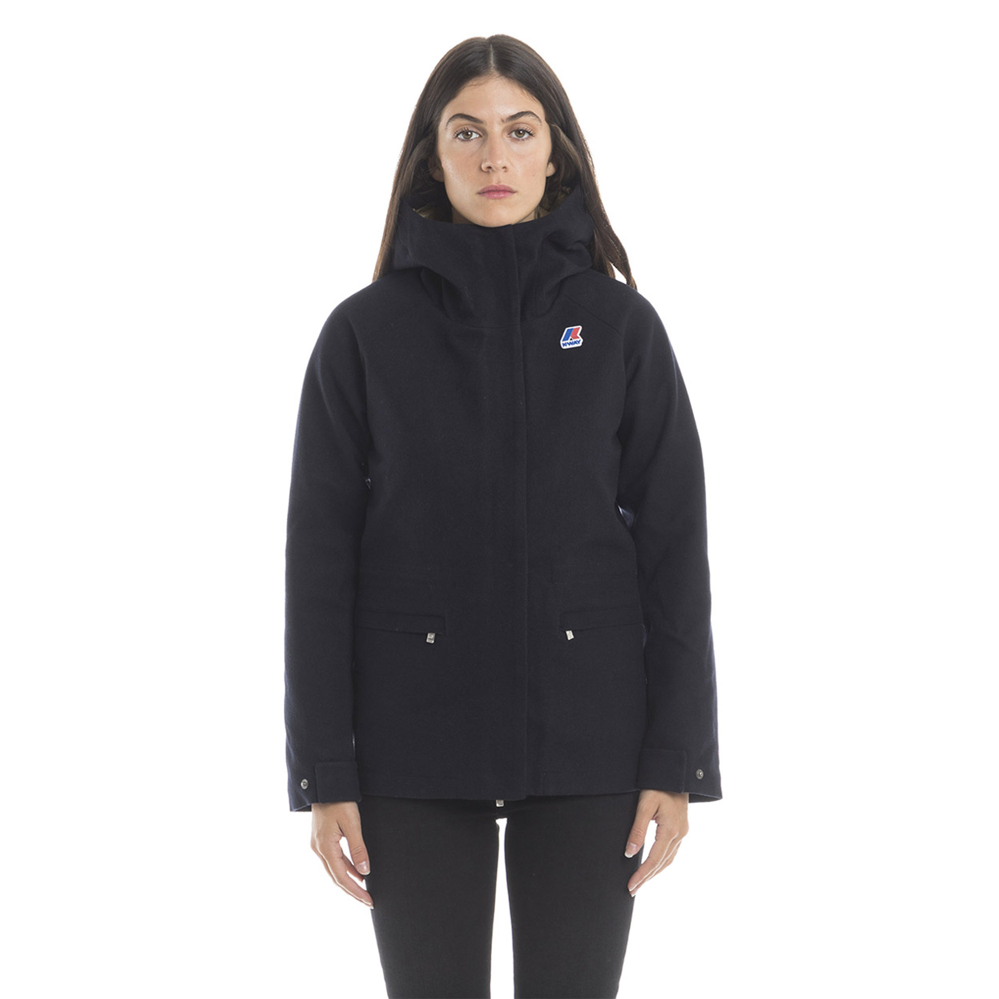 Giacca con cappuccio fisso in lana blu scuro K-way vista0