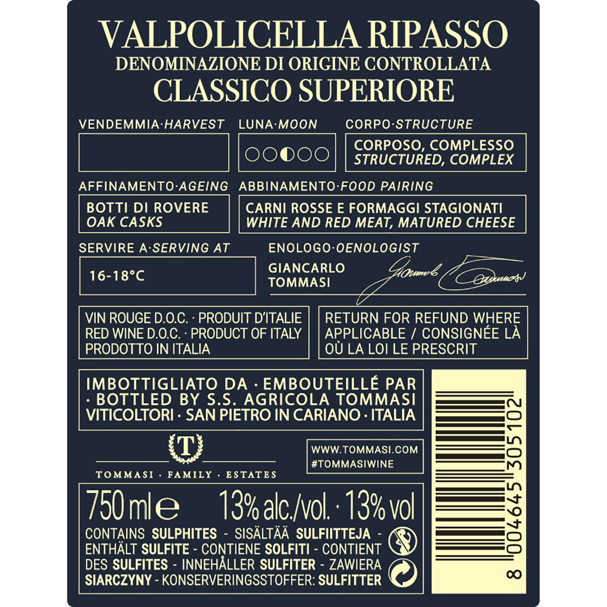 Vinoteca Tommasi idea regalo: 1 Amarone 2018 - 1 Ripasso 2019 - 1 Crearo 2018 - 1 Arele 2019 - bodega en caja de madera Tommasi vista5