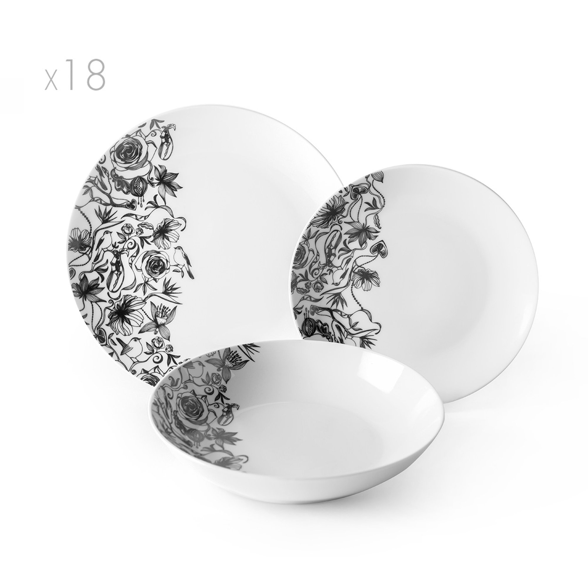 Servizio piatti 18 pz. Black Roses, bianco/nero Tavola delle feste vista0
