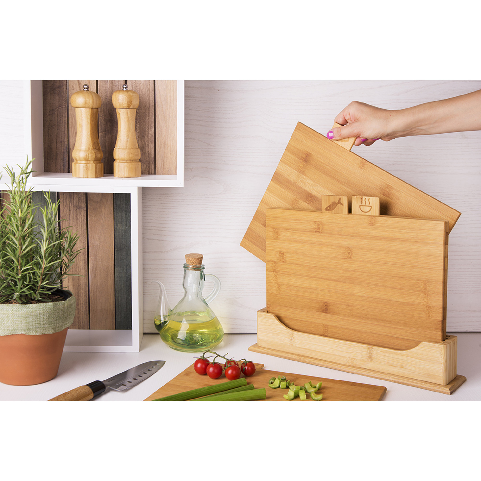 Set 4 taglieri bambu' con base, naturale Tavola delle feste vista3