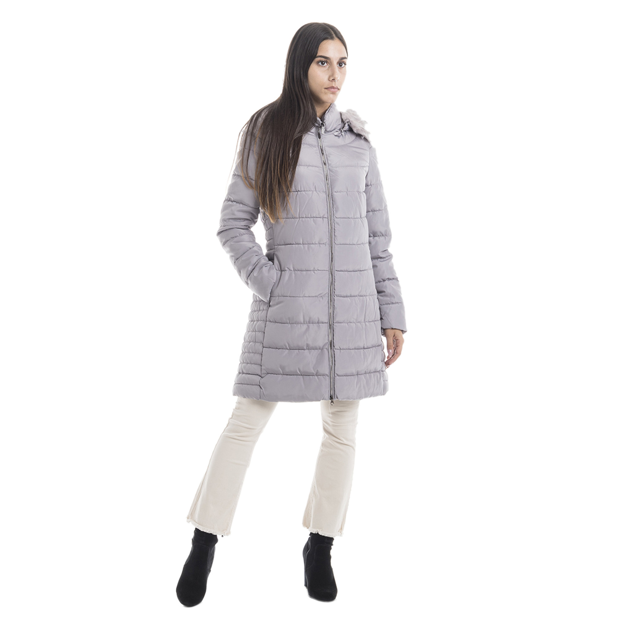 Piumino con cappuccio rimovibile grigio perla Sandro Ferrone vista1