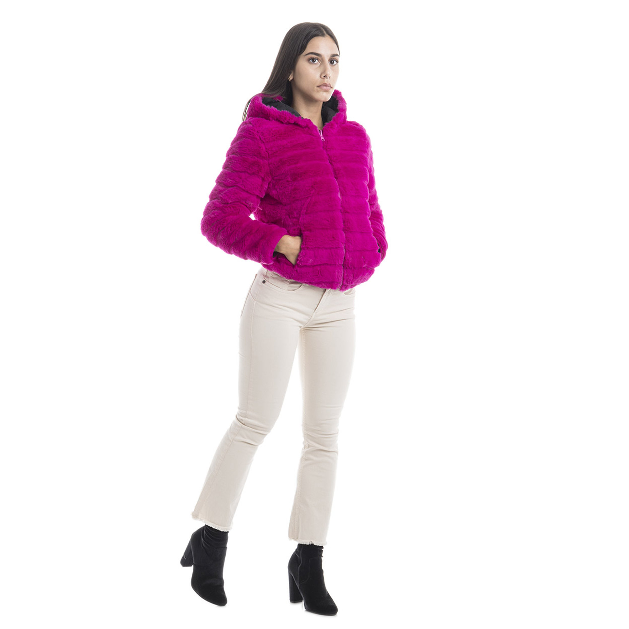 Giubbotto reversibile con cappuccio fucsia e nero Sandro Ferrone vista3