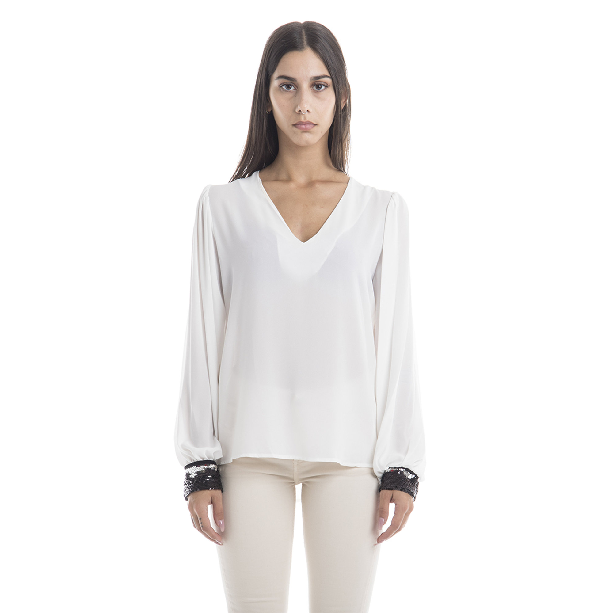 Blusa con polsini in paillettes bianca Sandro Ferrone vista0