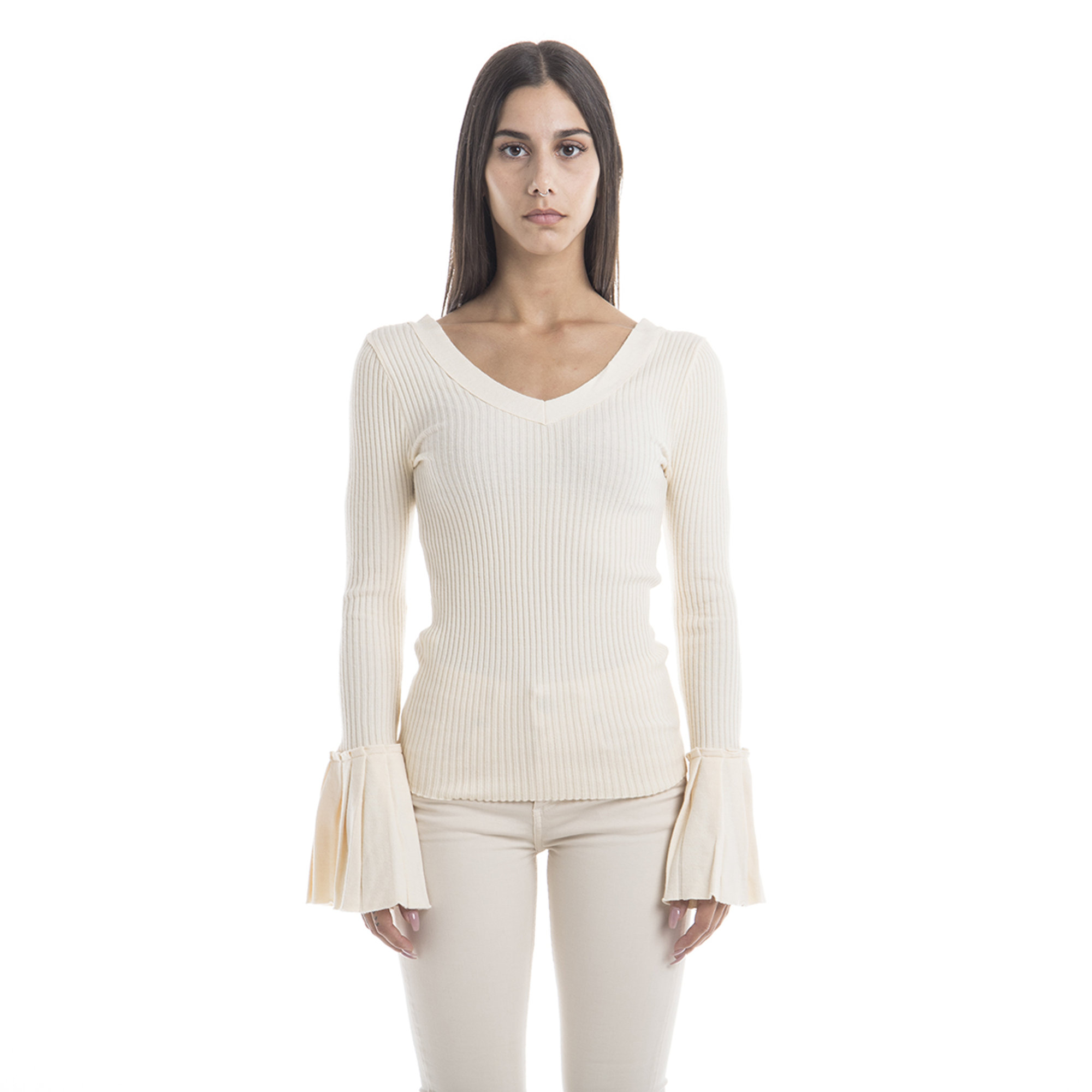 Maglia con scollatura a V panna Sandro Ferrone vista0