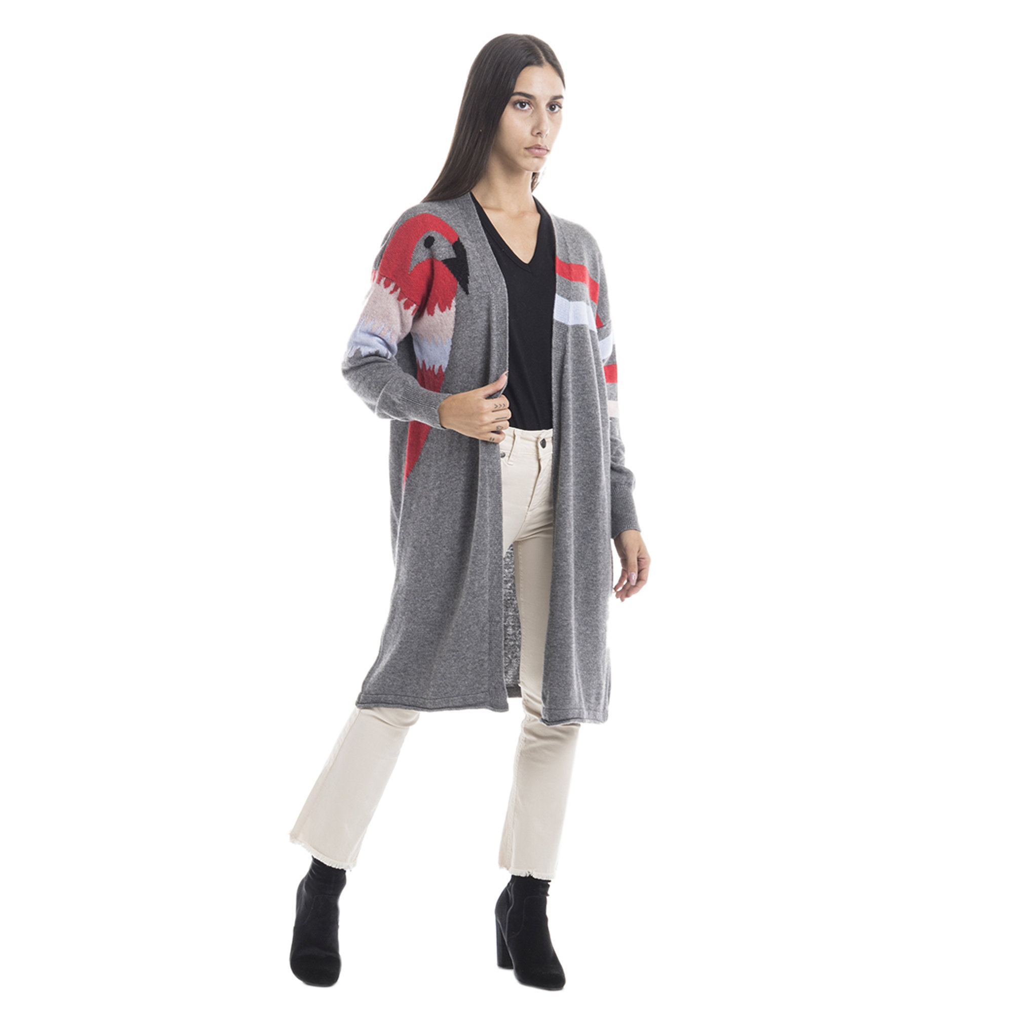 Maxi cardigan in lana e cashmere intarsio pappagallo Sandro Ferrone vista2