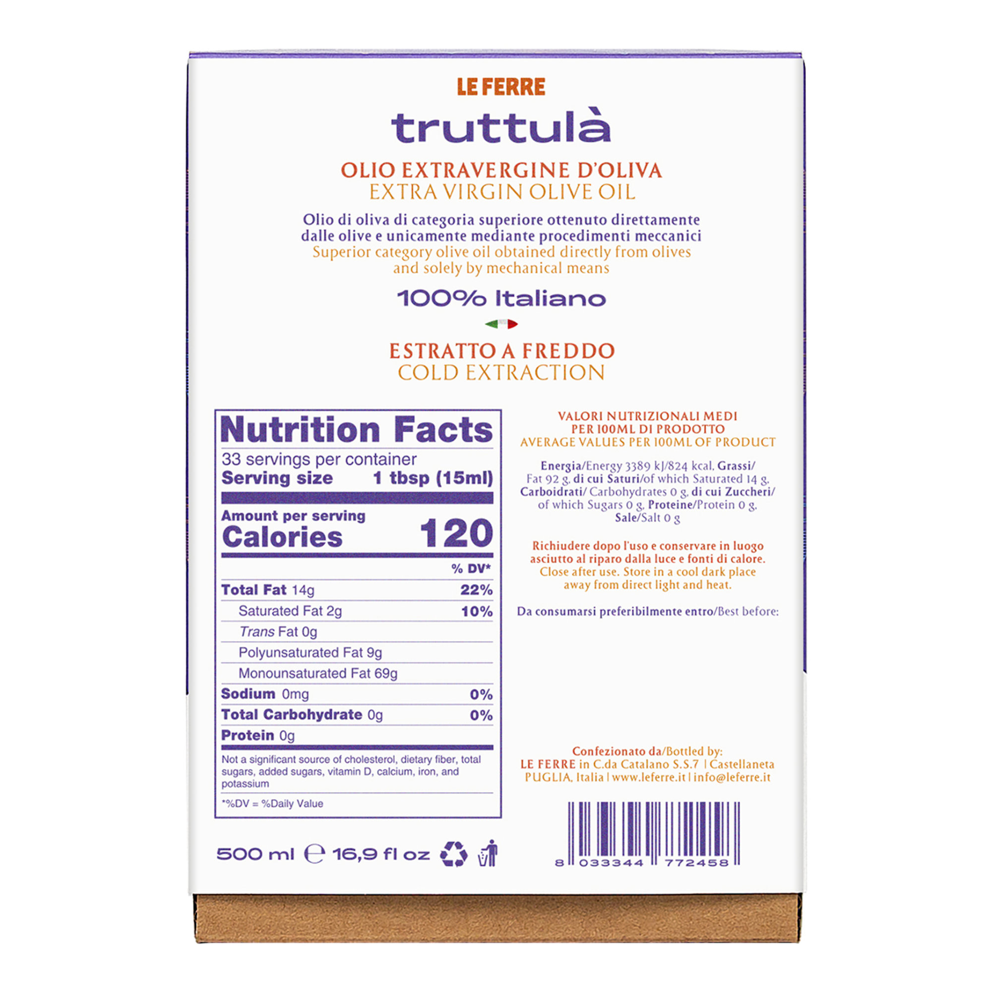 1 bottiglia - Olio Extravergine d'Oliva "TRUTTULA'" inceramica da 0,50 lt. colore giallo-blu Le Ferre vista2