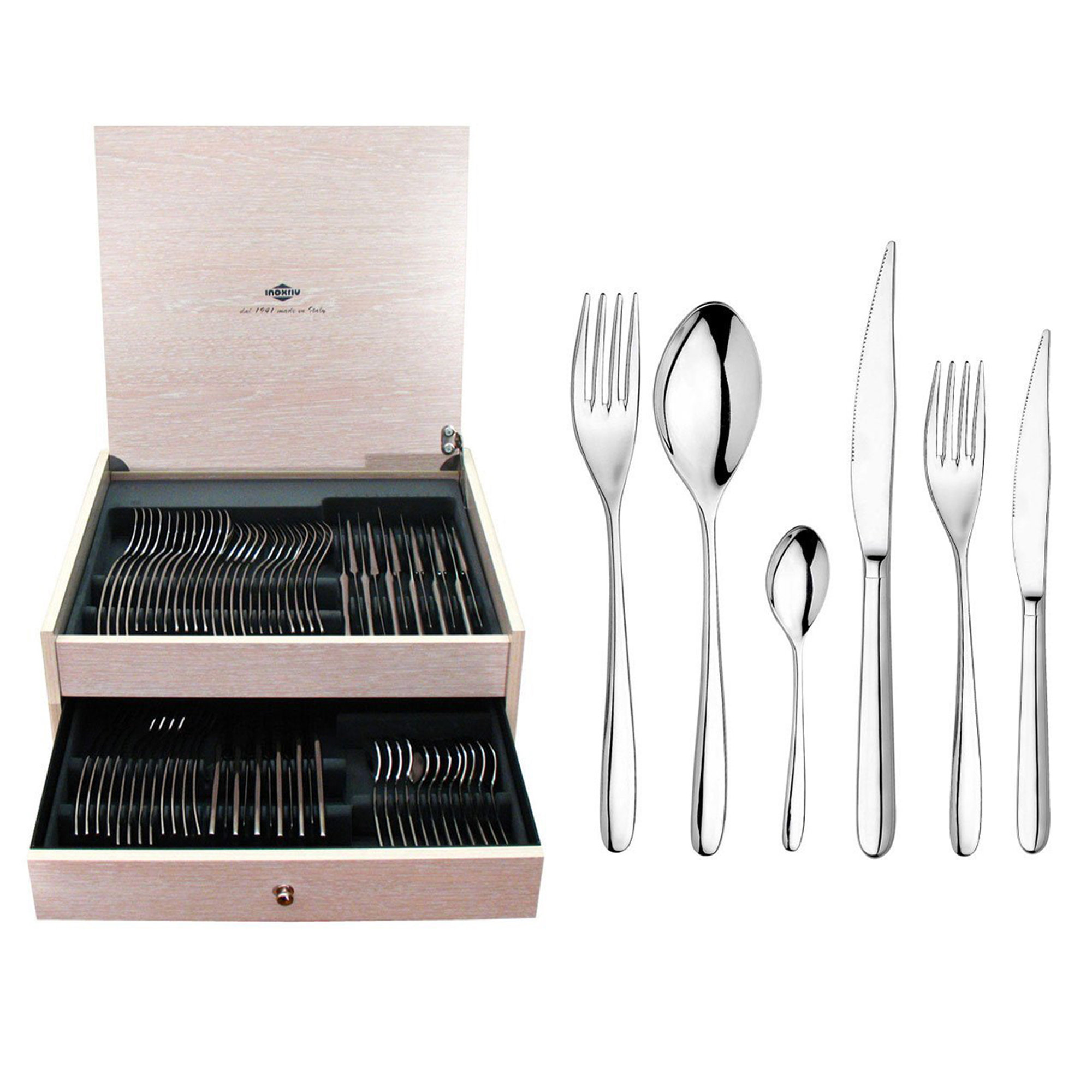 Set posate 72 pz. NOVECENTO con bauletto Legno REGULAR, acciaio Inoxriv 2019 vista1