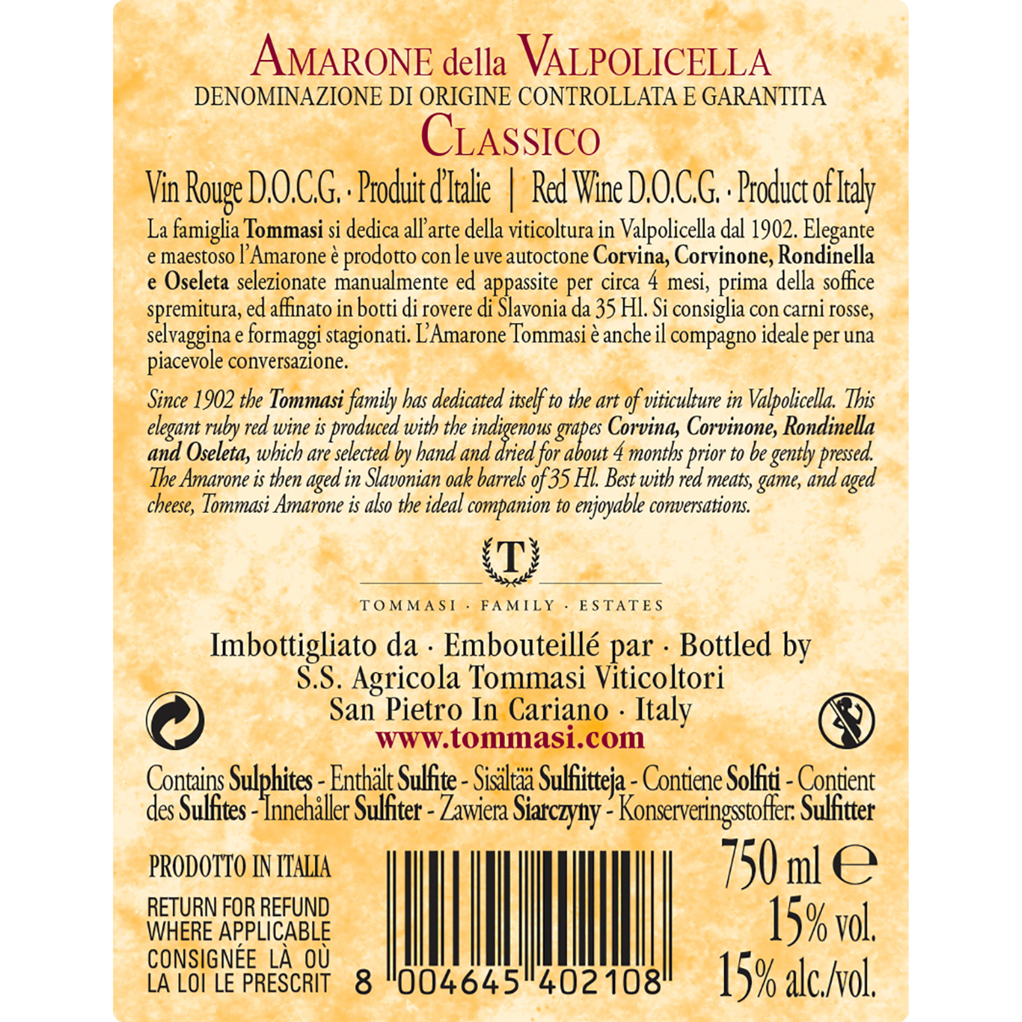 Tommasi lahjaidea viinikaappi: 2 Amarone 2018 - 1 Ripasso 2019 - 1 Crearo 2018 - puinen viinikaappi Tommasi vista2