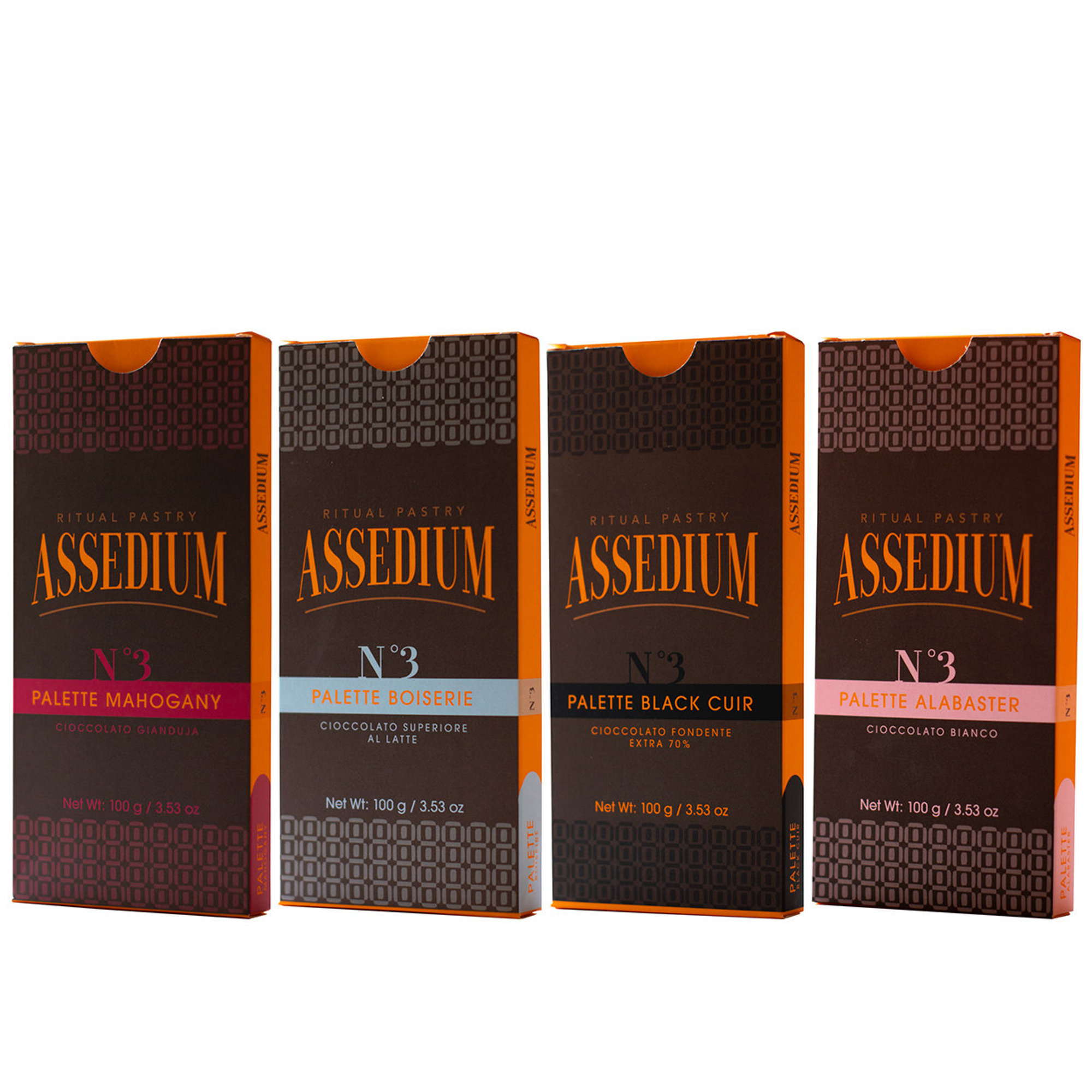 4 tavolette assortite 100 gr: Fondente Extra 70% - Latte - Bianco - Gianduja Assedium RItual Pastry vista0