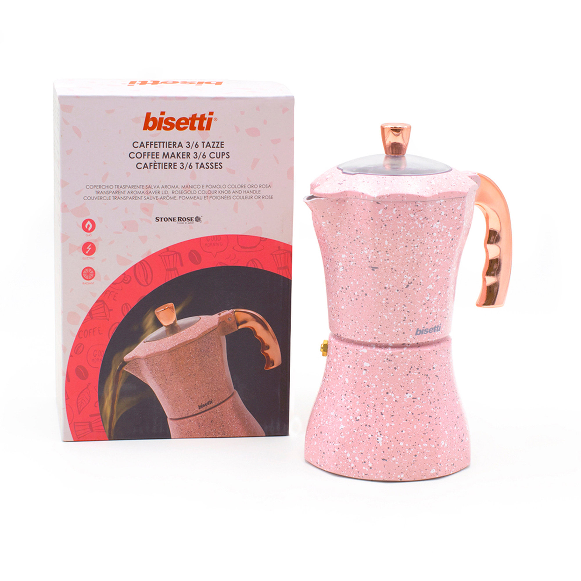 Cafetera 3/6 tazas, Stonerose - asas con acabado oro rosa Bisetti Caffettiere vista3