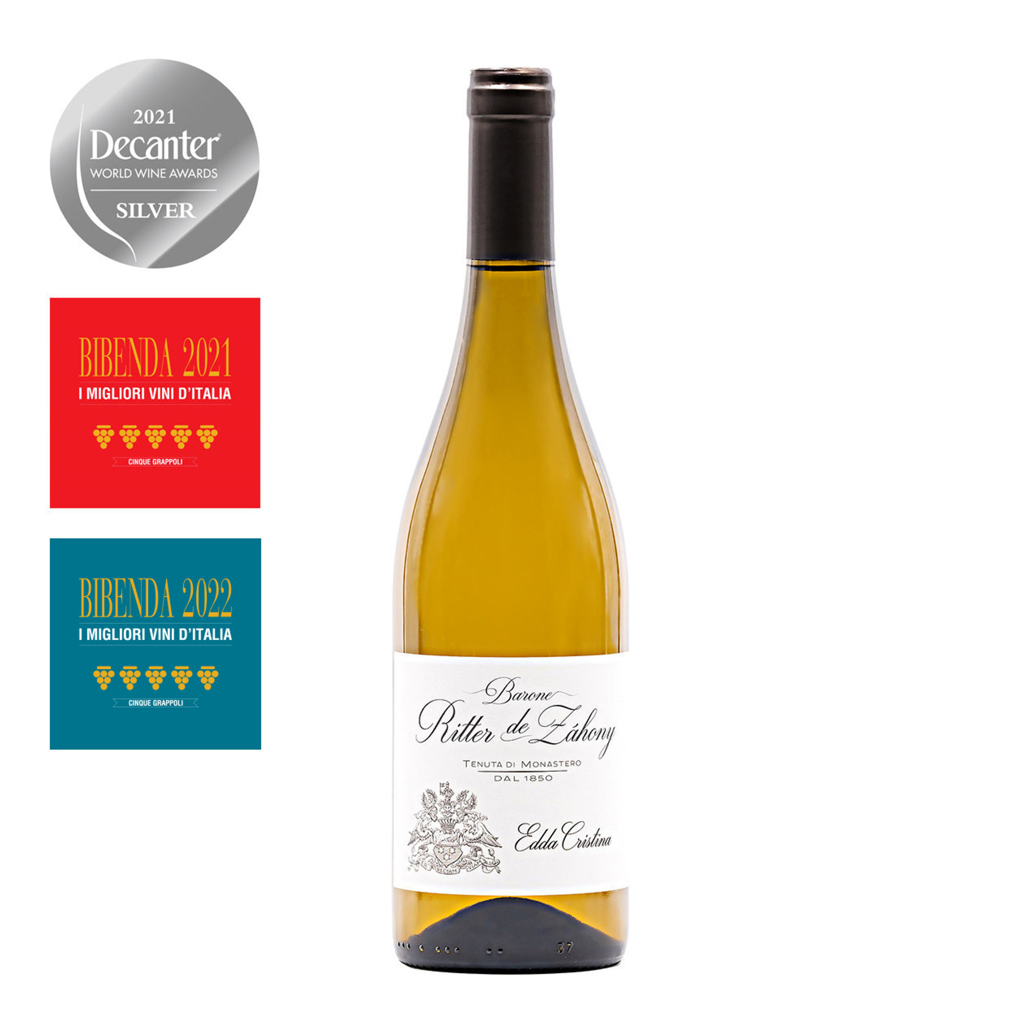 3 bottiglie miste: 1 Edda Cristina Bianco Aromatico 2021 - 2 Elvine Chardonnay 2020 Barone Ritter de Zahony vista1